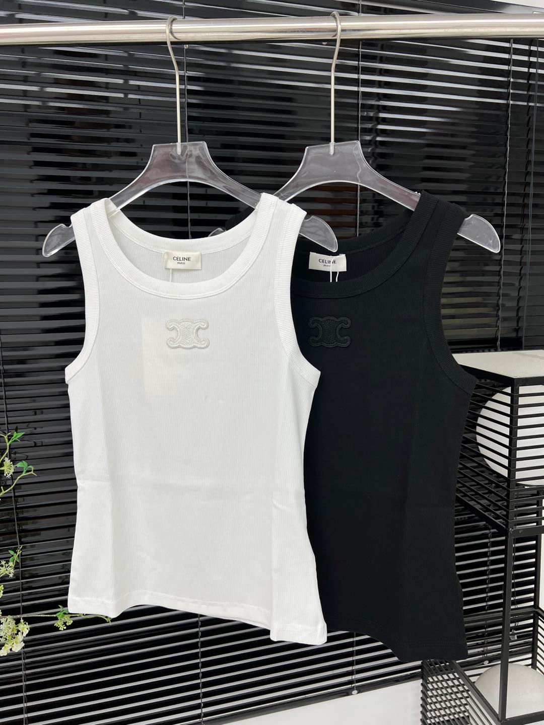 CELINE Women's White/Black Embroidered Logo Tank Top - Comfortable, Elastic Fit