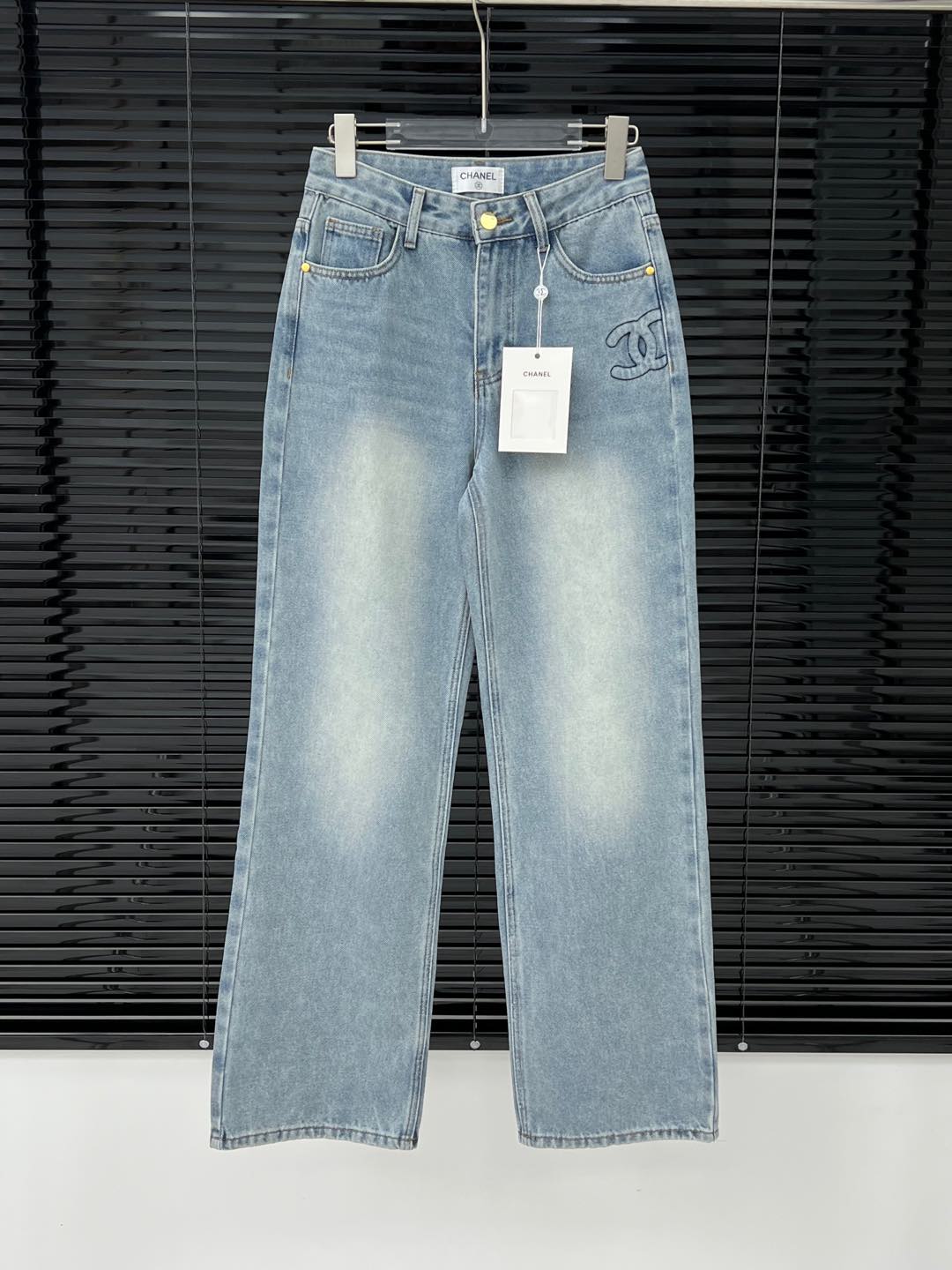 Chanel High-Waisted Straight-Leg Jeans with Embossed Double C Logo