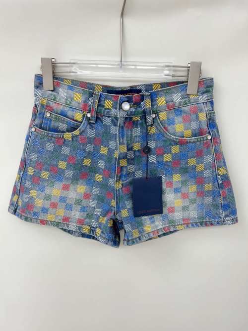 Louis Vuitton High-Waisted Denim Shorts with Colorful Checkered Design 1 Louis Vuitton High-Waisted Denim Shorts with Colorful Checkered Design