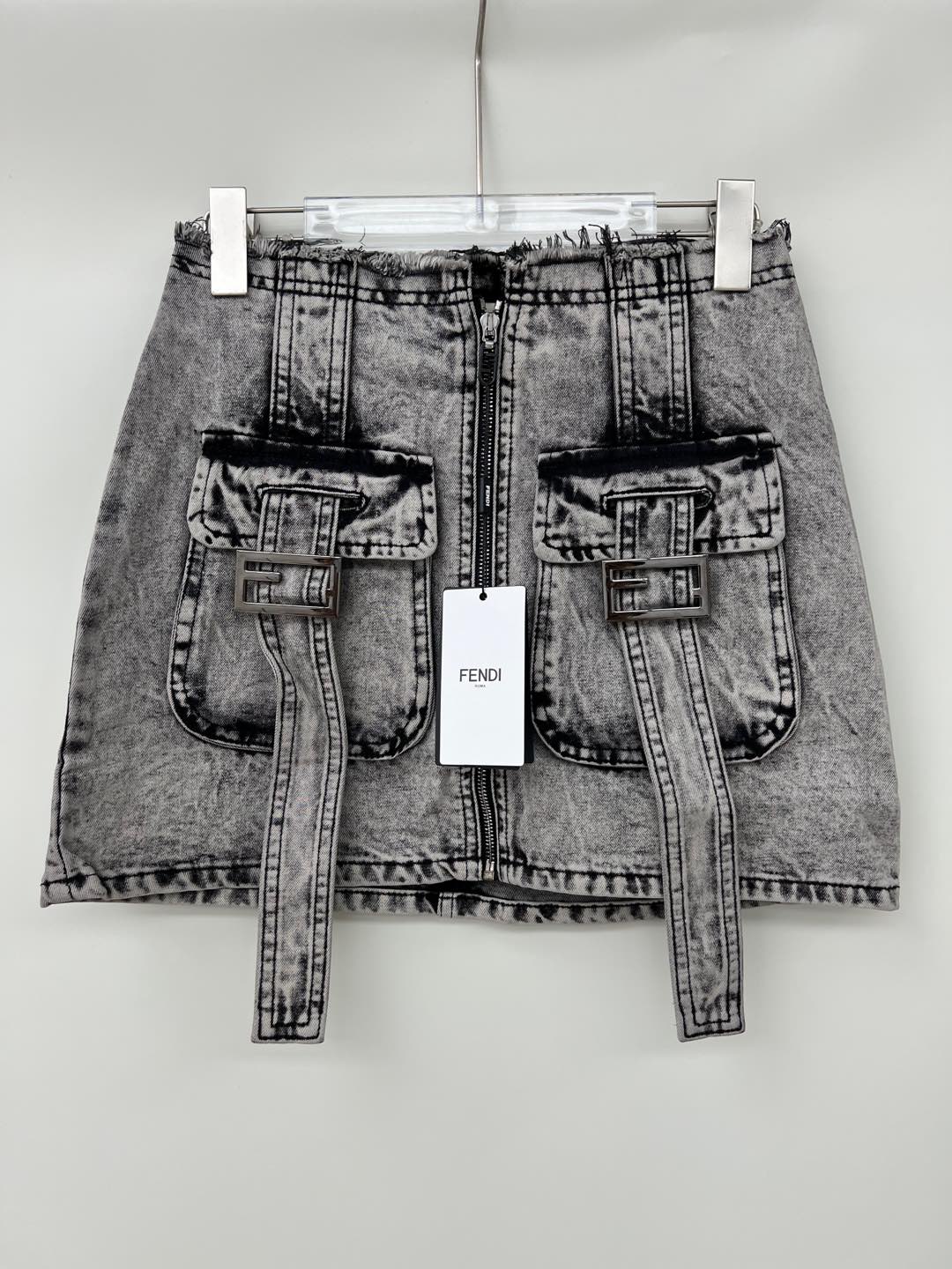 Fendi Mini Skirt Denim Cement Gray A-Line with Pockets and Zipper Closure 1 i1746603995562 7557 0 0