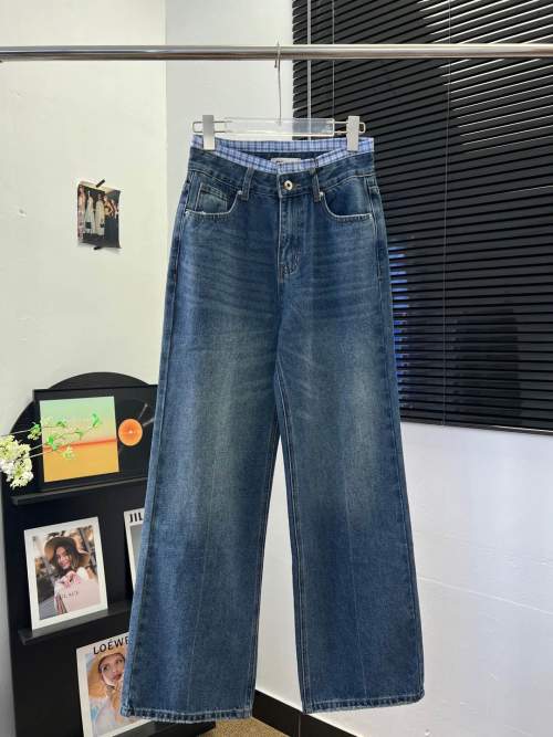 Miu Miu High Waist Straight Leg Jeans with Plaid Waistband Detail 1 Miu Miu High Waist Straight Leg Jeans with Plaid Waistband Detail