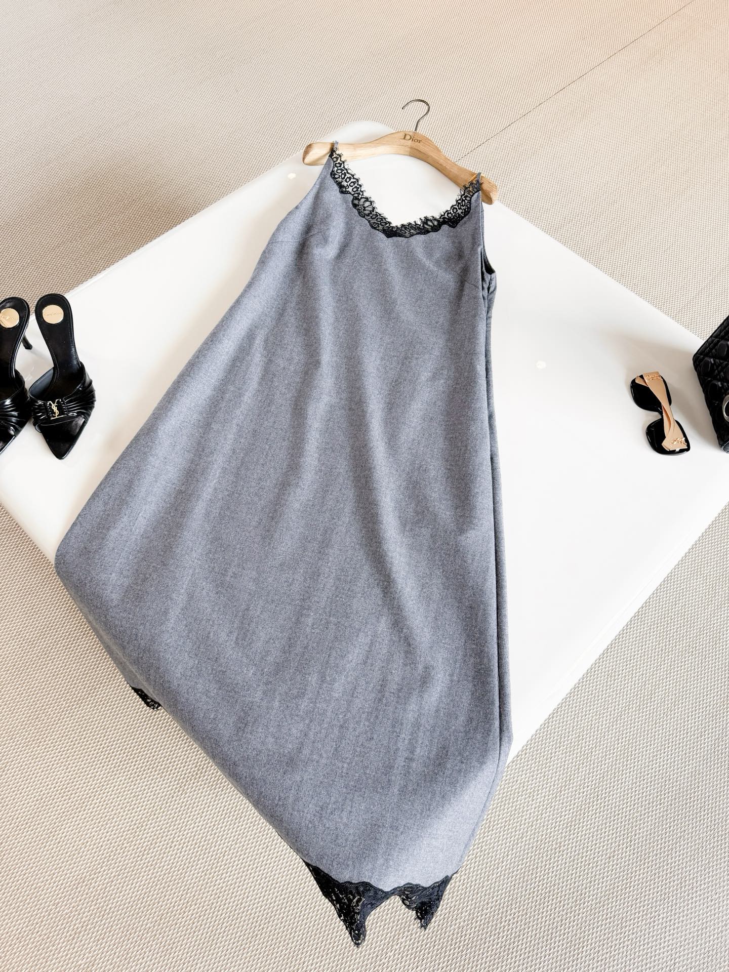  DIOR Lace Trim Slip Midi Dress