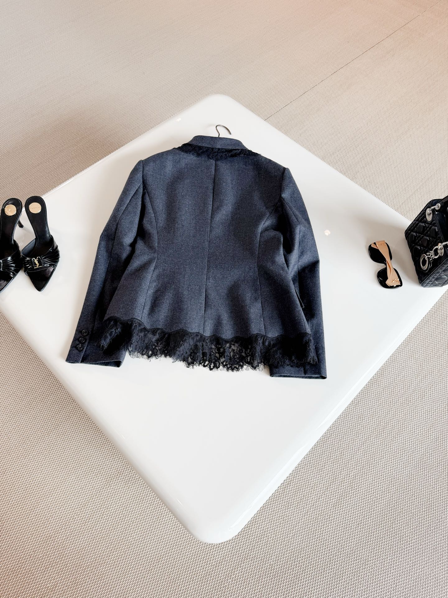  DIOR Lace Trim Blazer Skirt Suit