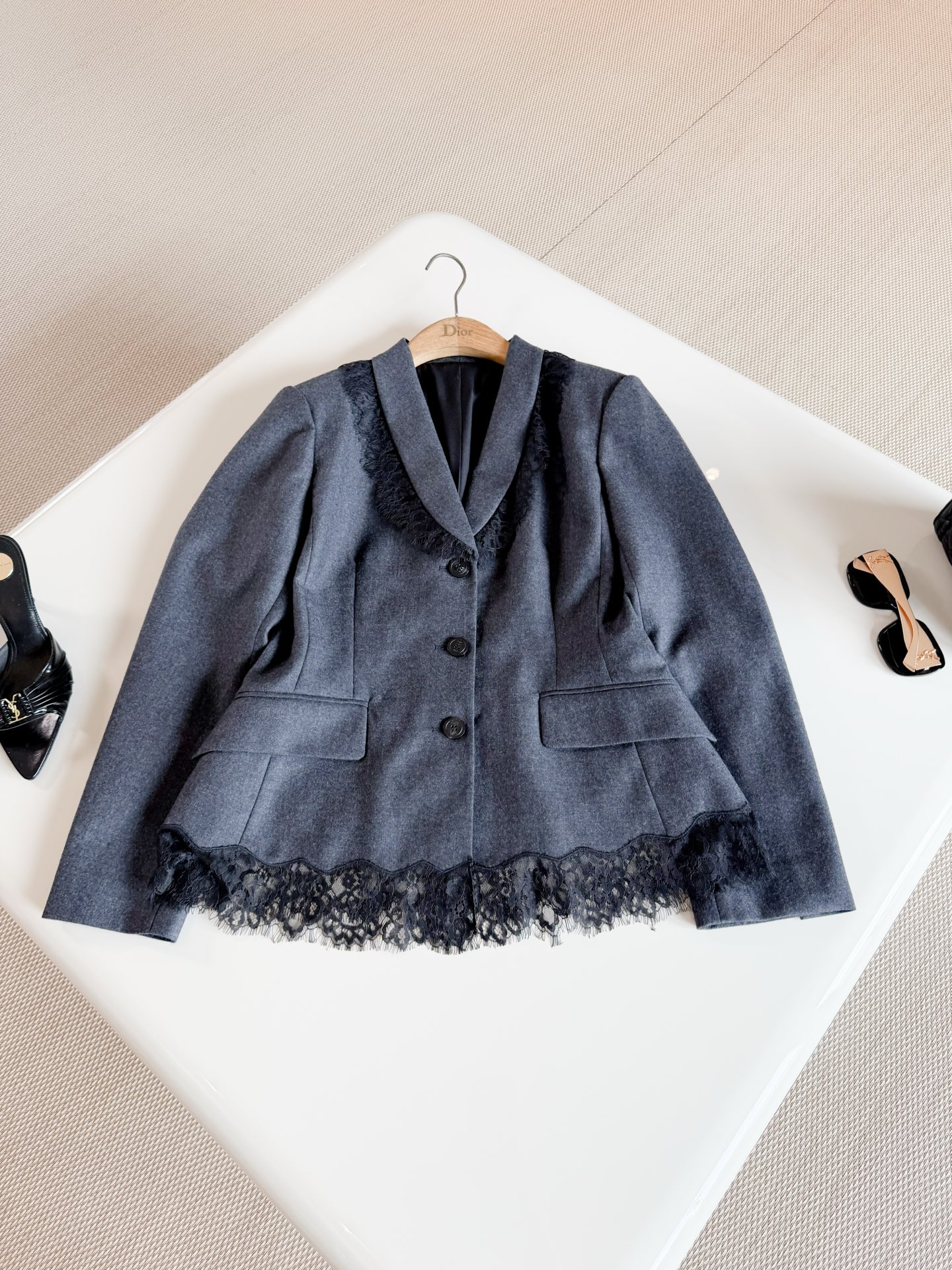  DIOR Lace Trim Blazer Skirt Suit