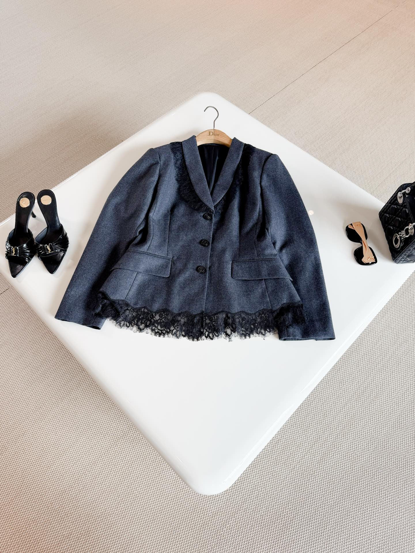  DIOR Lace Trim Blazer Skirt Suit