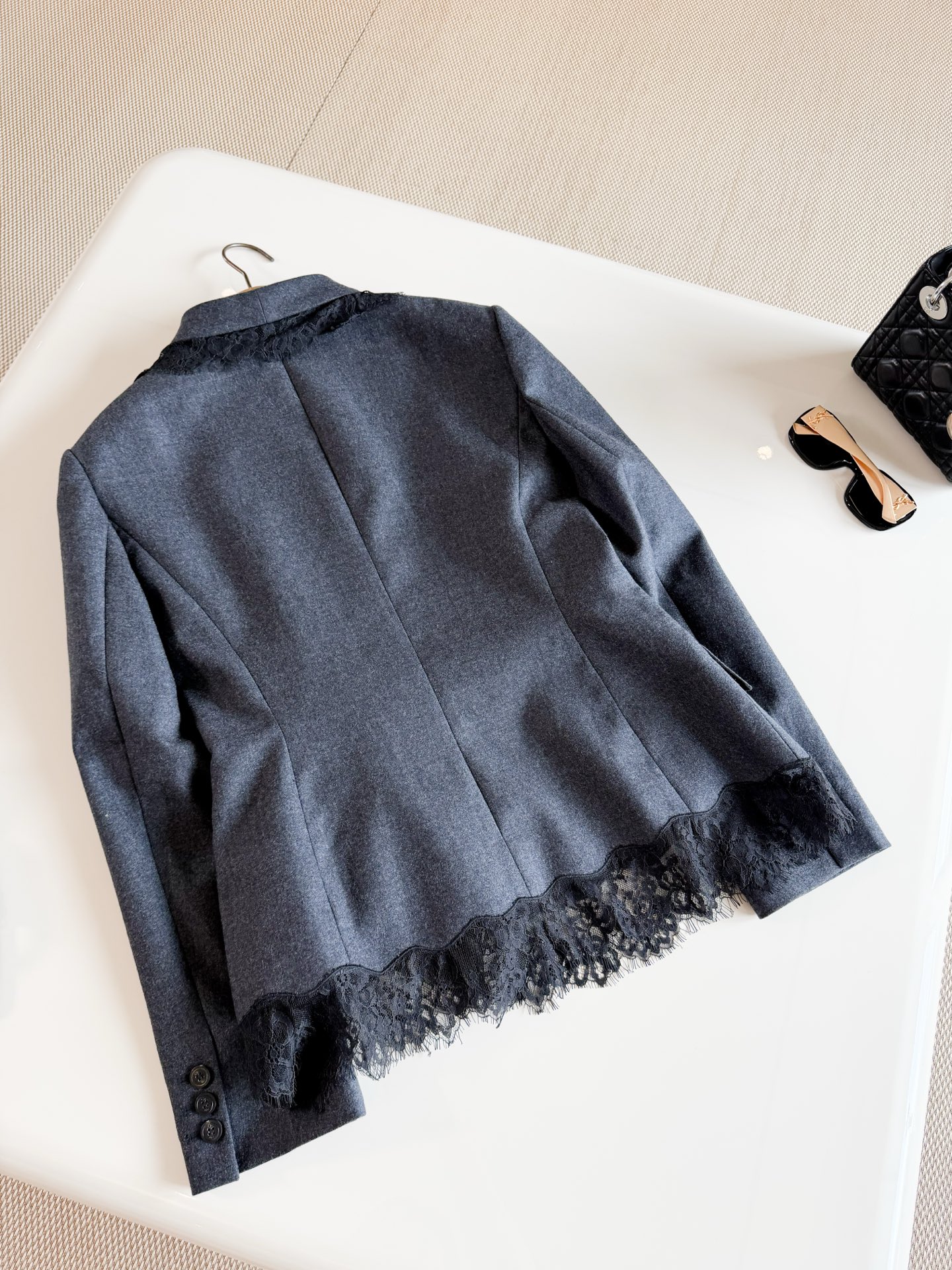 DIOR Lace Trim Blazer Skirt Suit