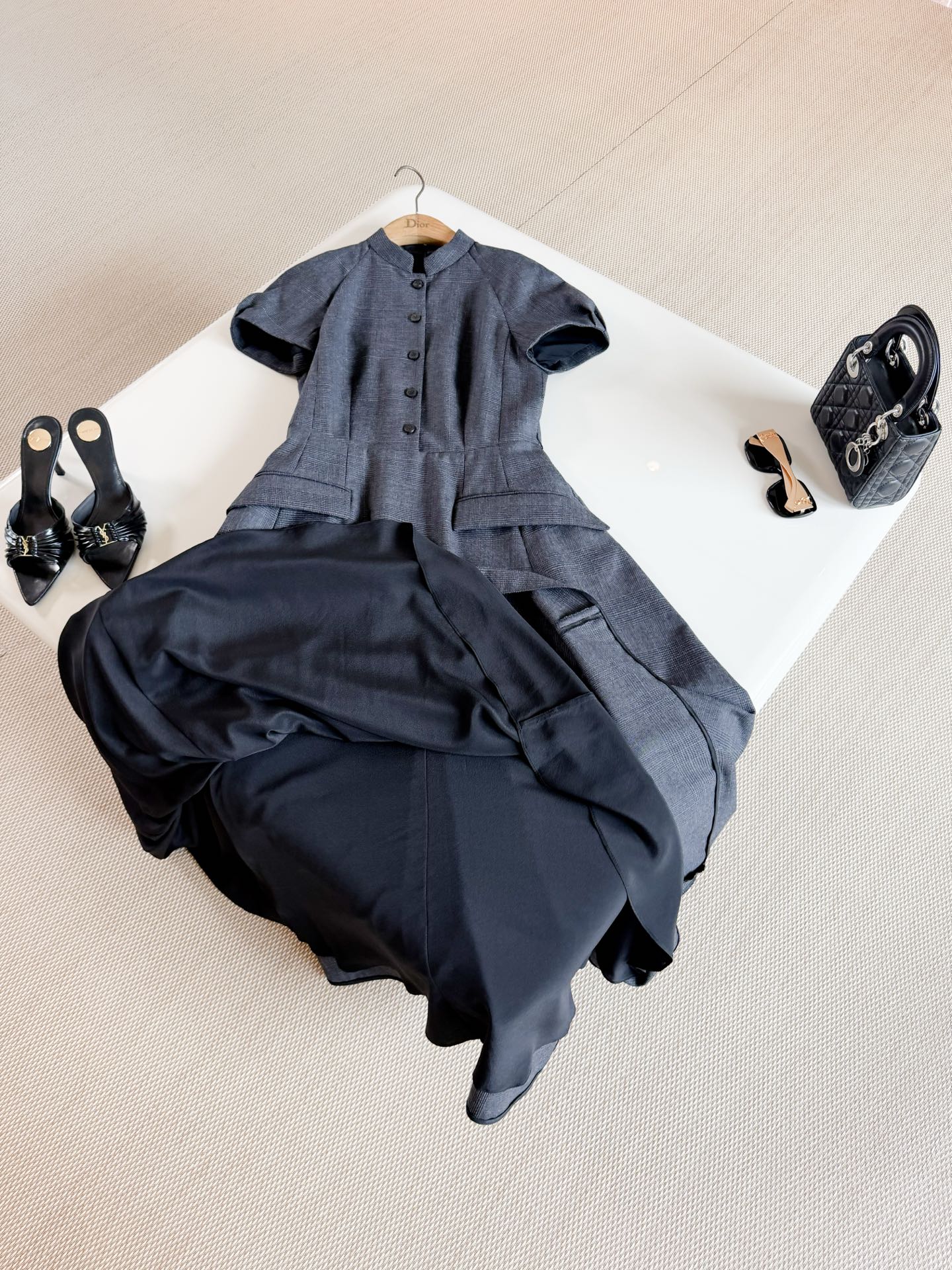 DIOR Stand Collar Short Sleeve A-line Midi Dress
