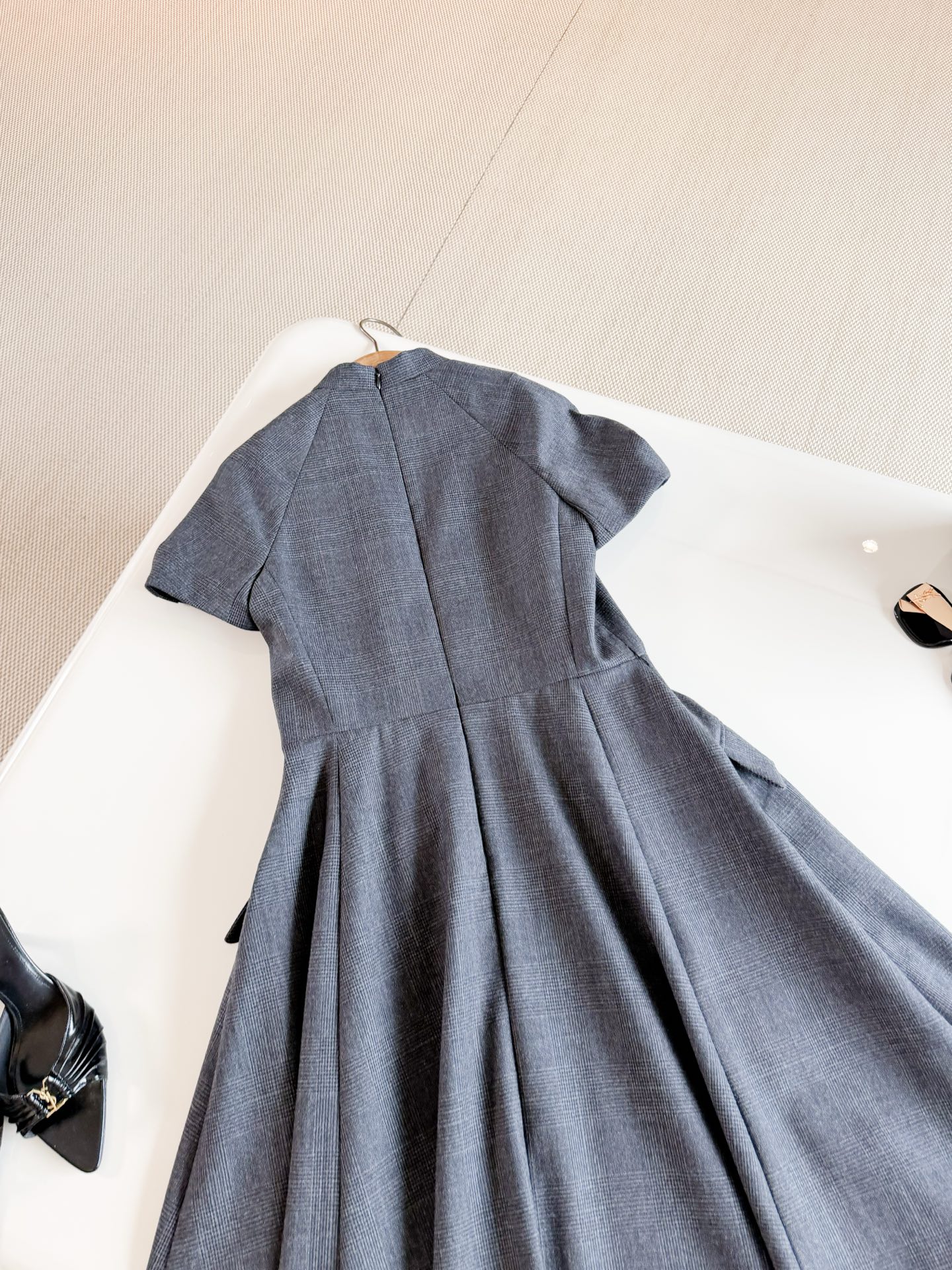DIOR Stand Collar Short Sleeve A-line Midi Dress