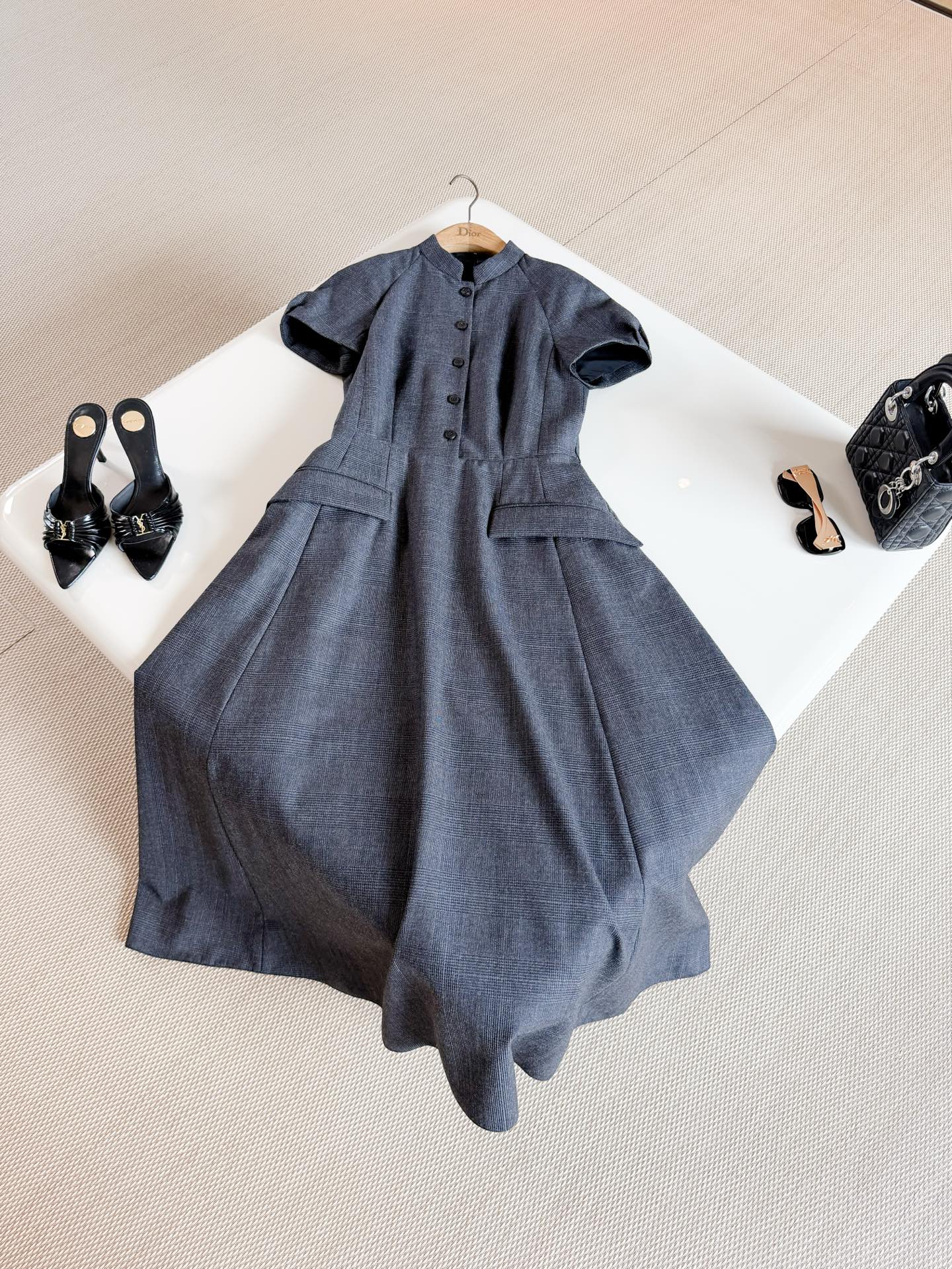 DIOR Stand Collar Short Sleeve A-line Midi Dress
