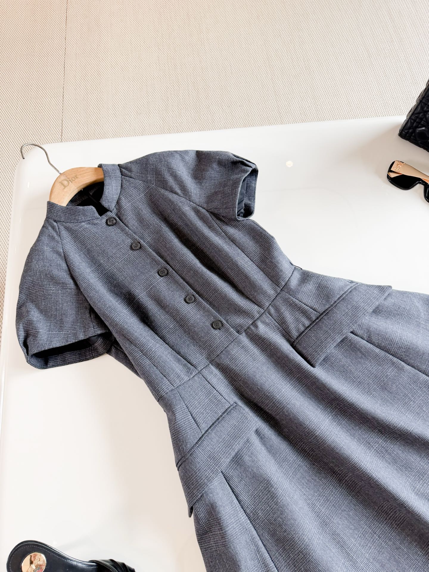 DIOR Stand Collar Short Sleeve A-line Midi Dress