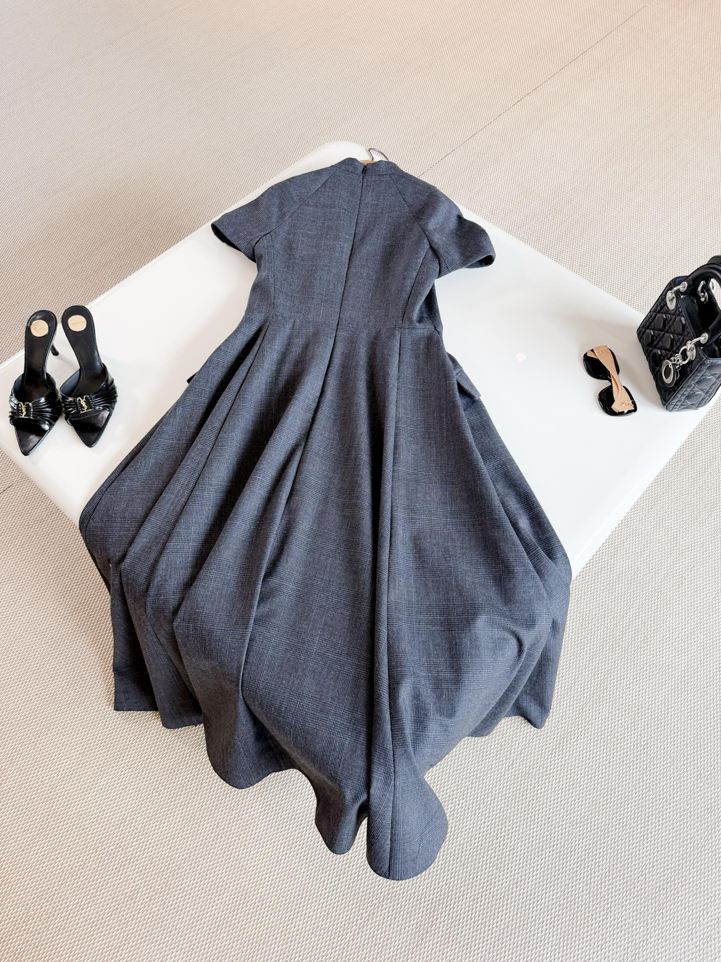 DIOR Stand Collar Short Sleeve A-line Midi Dress