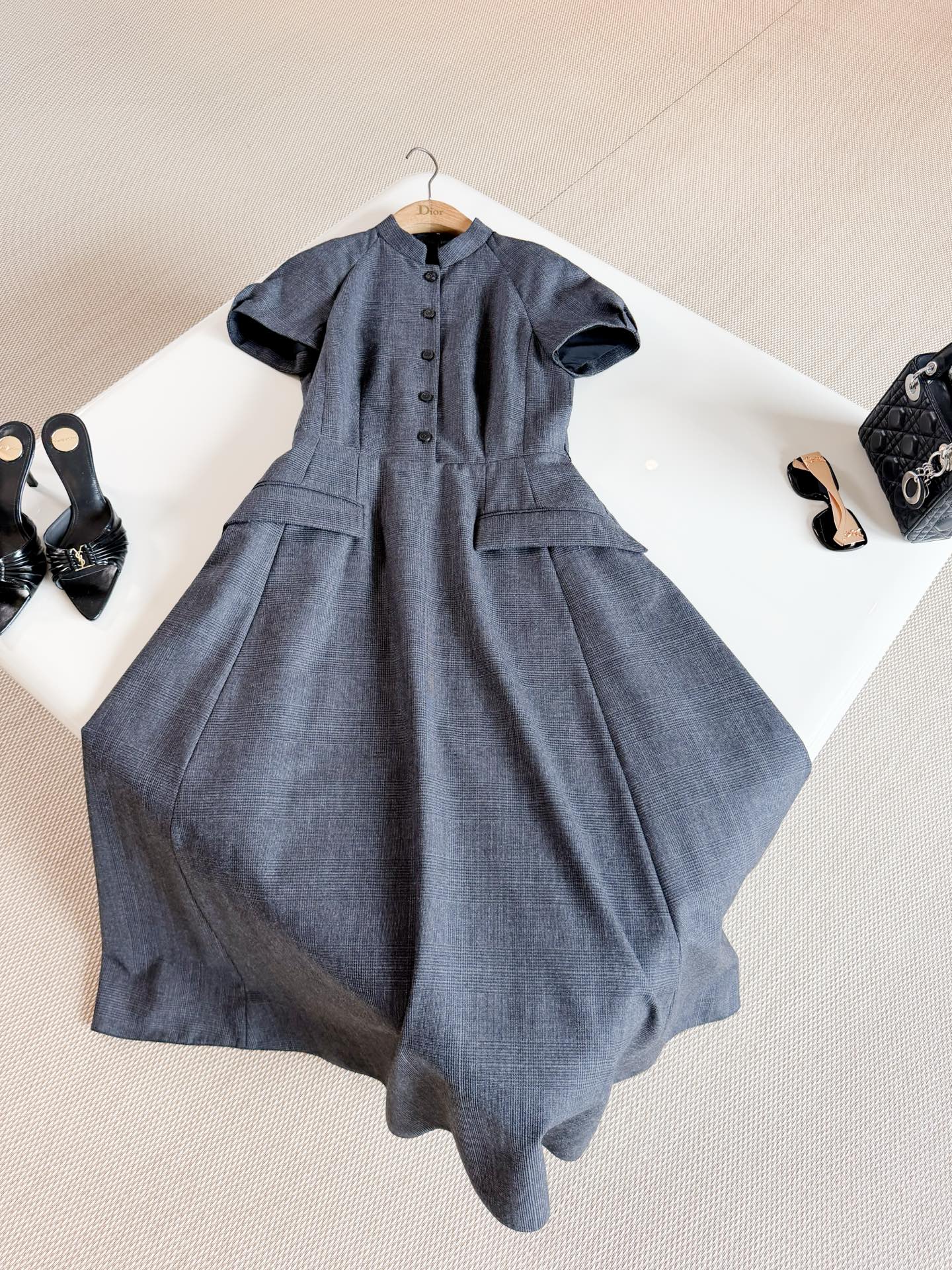 DIOR Stand Collar Short Sleeve A-line Midi Dress