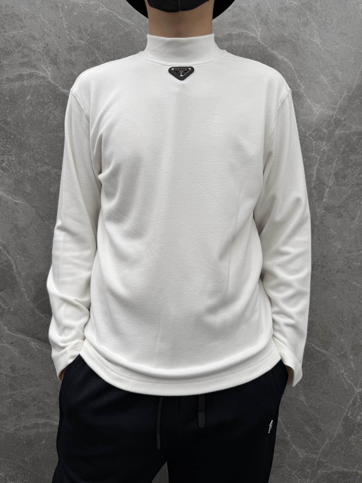 Prada Men's White Cotton Long Sleeve Mock Neck T-Shirt