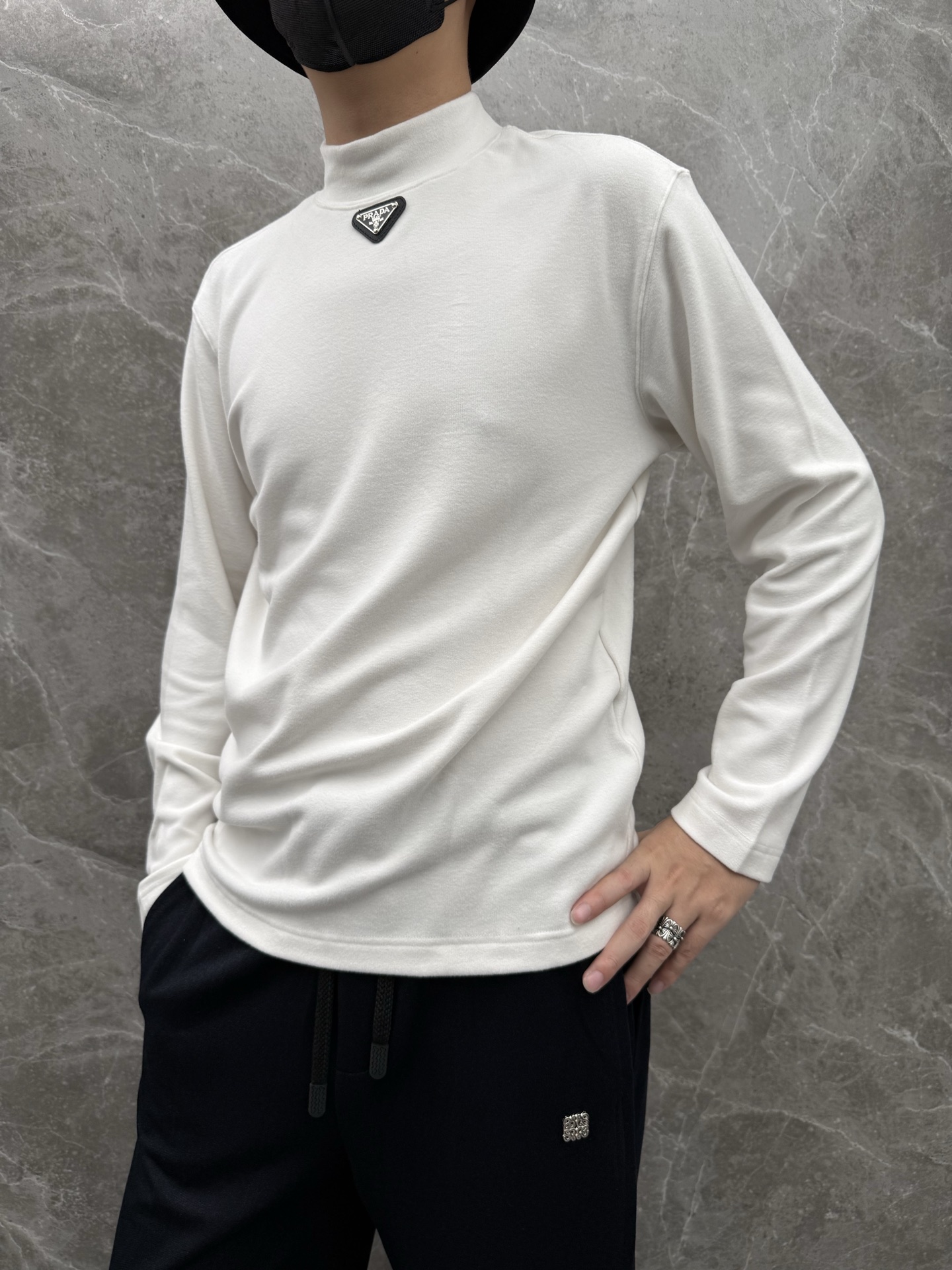 Prada Men's White Cotton Long Sleeve Mock Neck T-Shirt 4 i1758033527920 7683 0 8