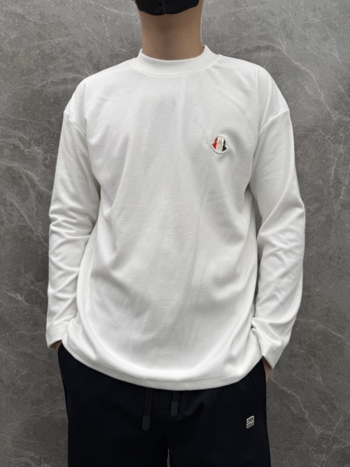 Moncler Men's White Long Sleeve Cotton T-Shirt with Logo Patch 1 Moncler Men's White Long Sleeve Cotton T-Shirt with Logo Patch