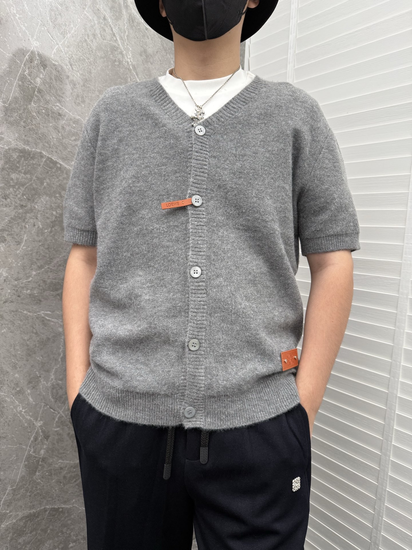 Loewe Wool Blend Short-Sleeve Knit Cardigan with Leather Logo Detail