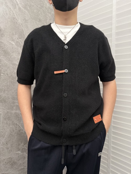 Loewe Men's Wool Blend Short Sleeve Cardigan with Leather Logo Detailing 1 Loewe Men's Wool Blend Short Sleeve Cardigan with Leather Logo Detailing