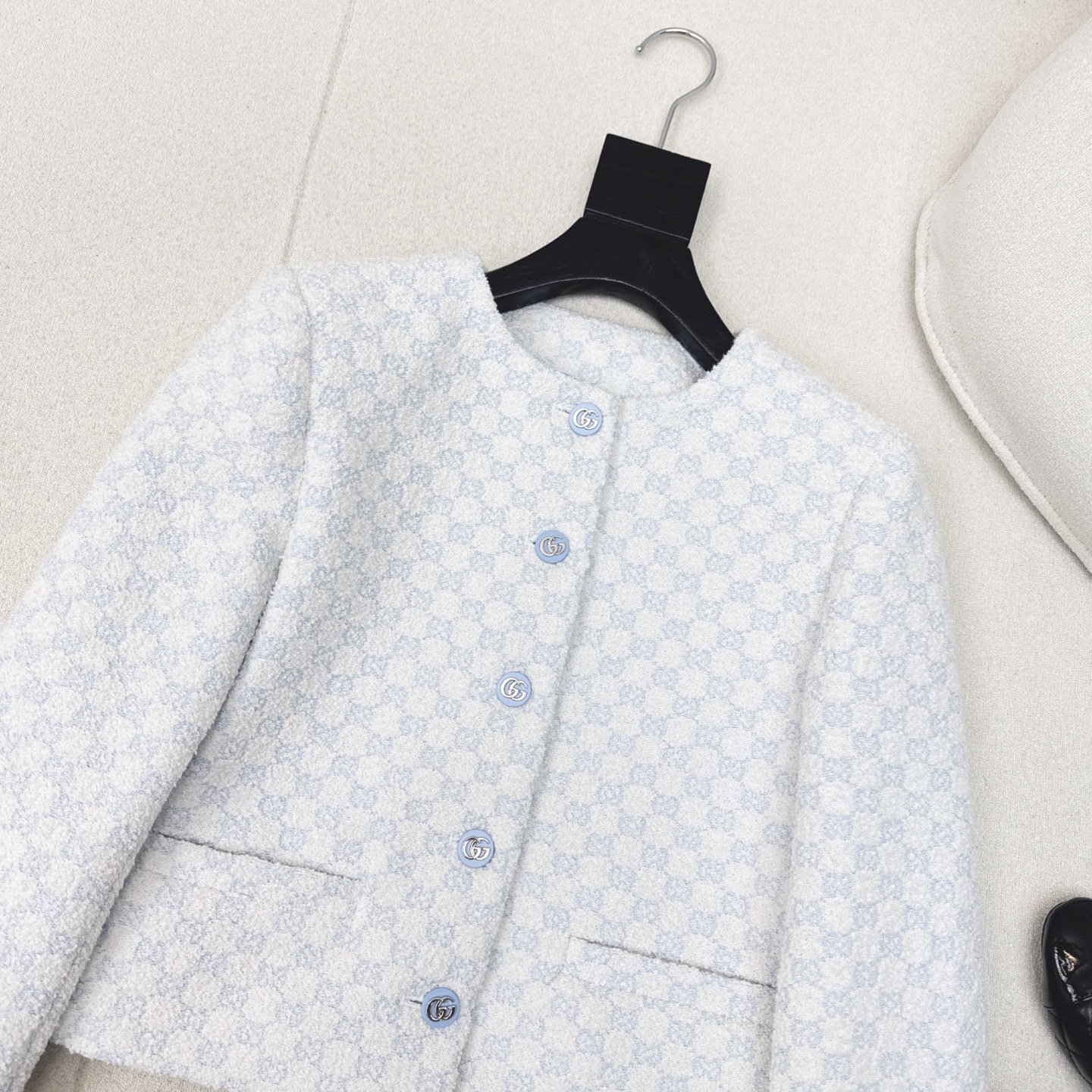 Luxurious GG Metal Coat Dress: Autumn/Winter Bouquet Crotch Design in Blue Fabric - 图片 3