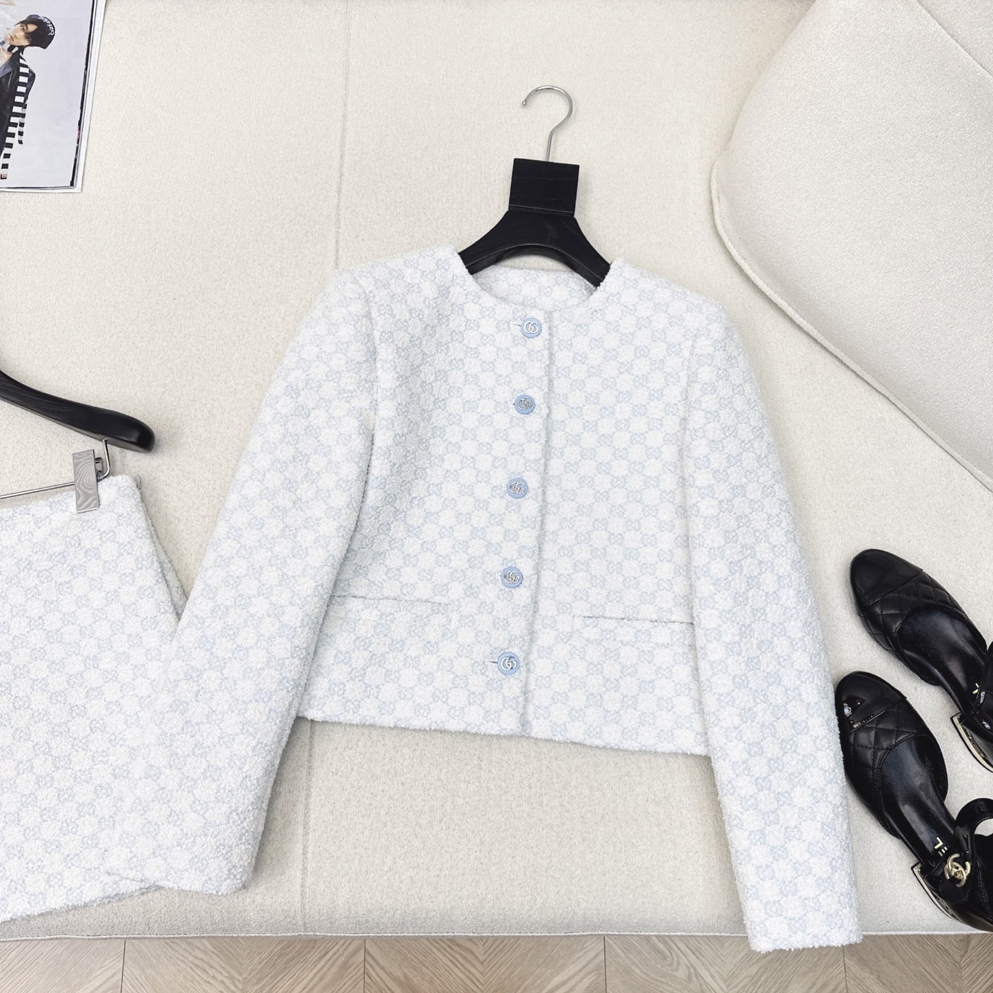 Luxurious GG Metal Coat Dress: Autumn/Winter Bouquet Crotch Design in Blue Fabric - 图片 2