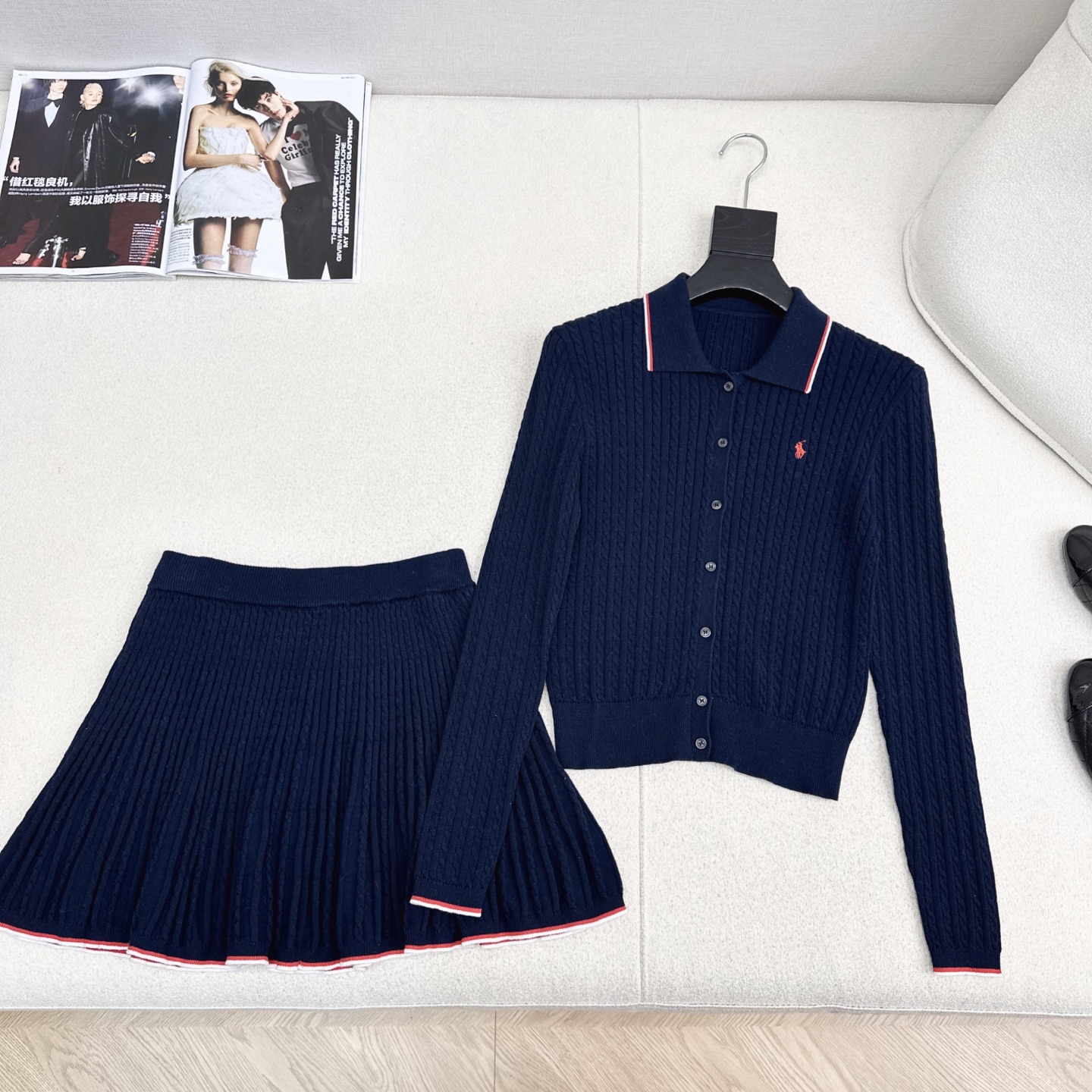 腔调感老钱风 RL 25Ss————秋冬最新款减龄小马刺绣Polo套装🤍翻领针织衫+mini半裙 减龄修