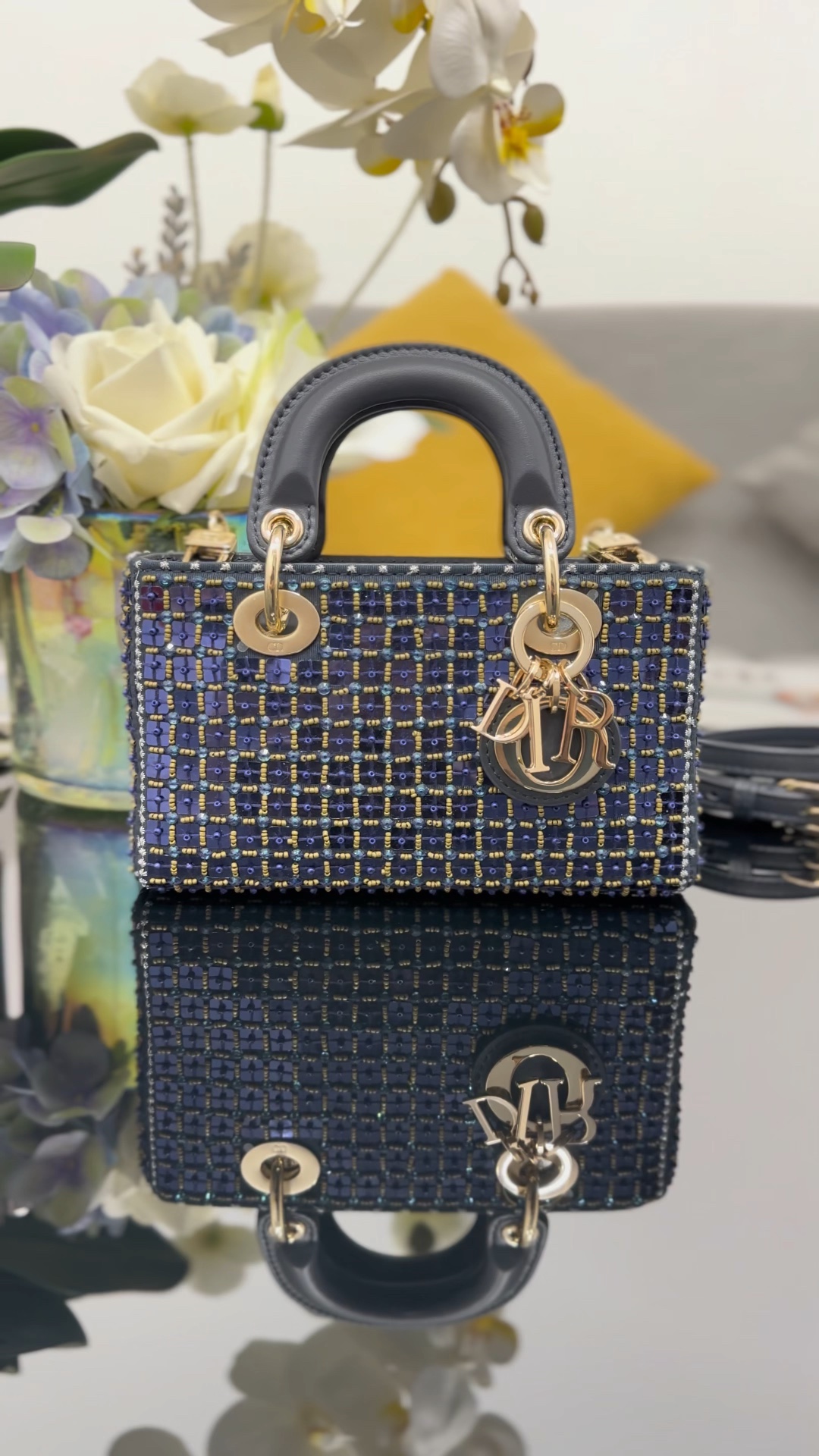 ❤16cm rombo bordado con cuentas azules espejadas, edición limitada