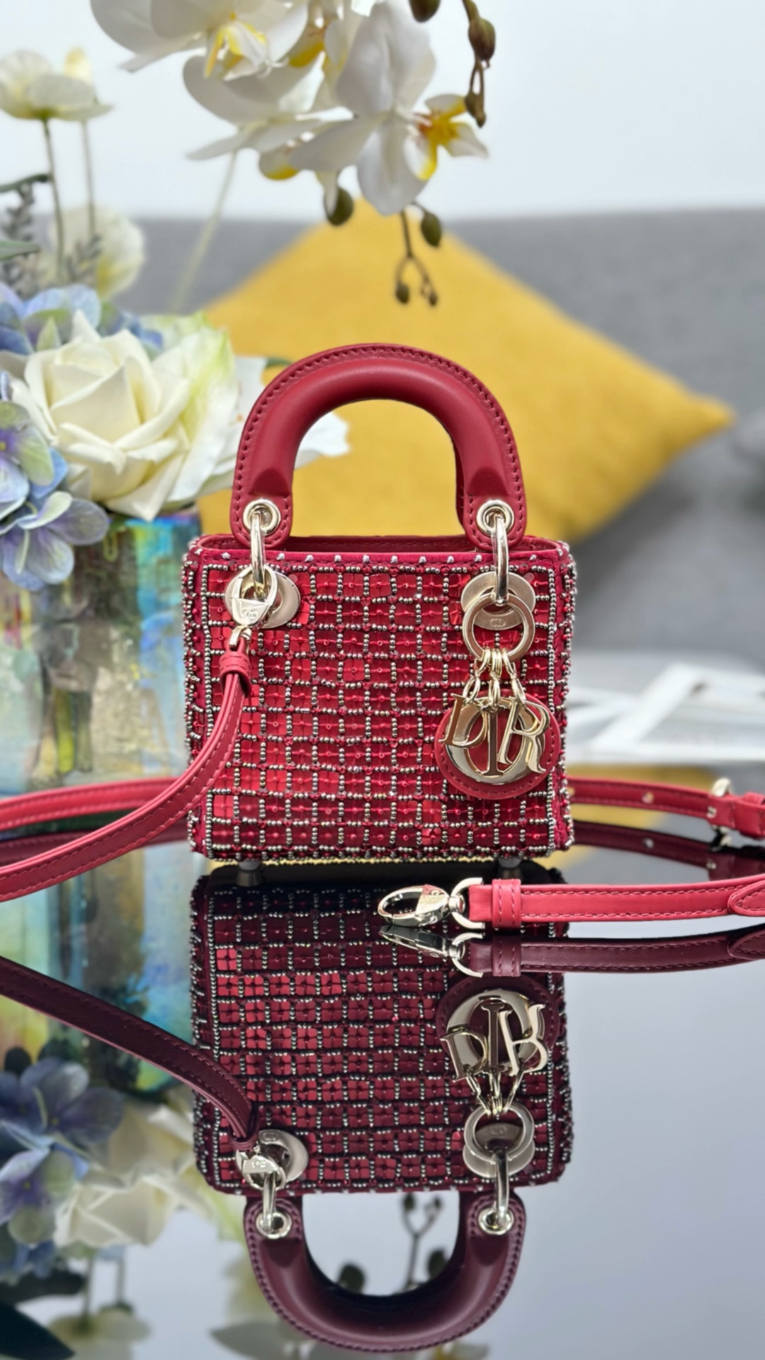 ❤️12cm mini espejo bordado cuentas rojas, edición limitada
