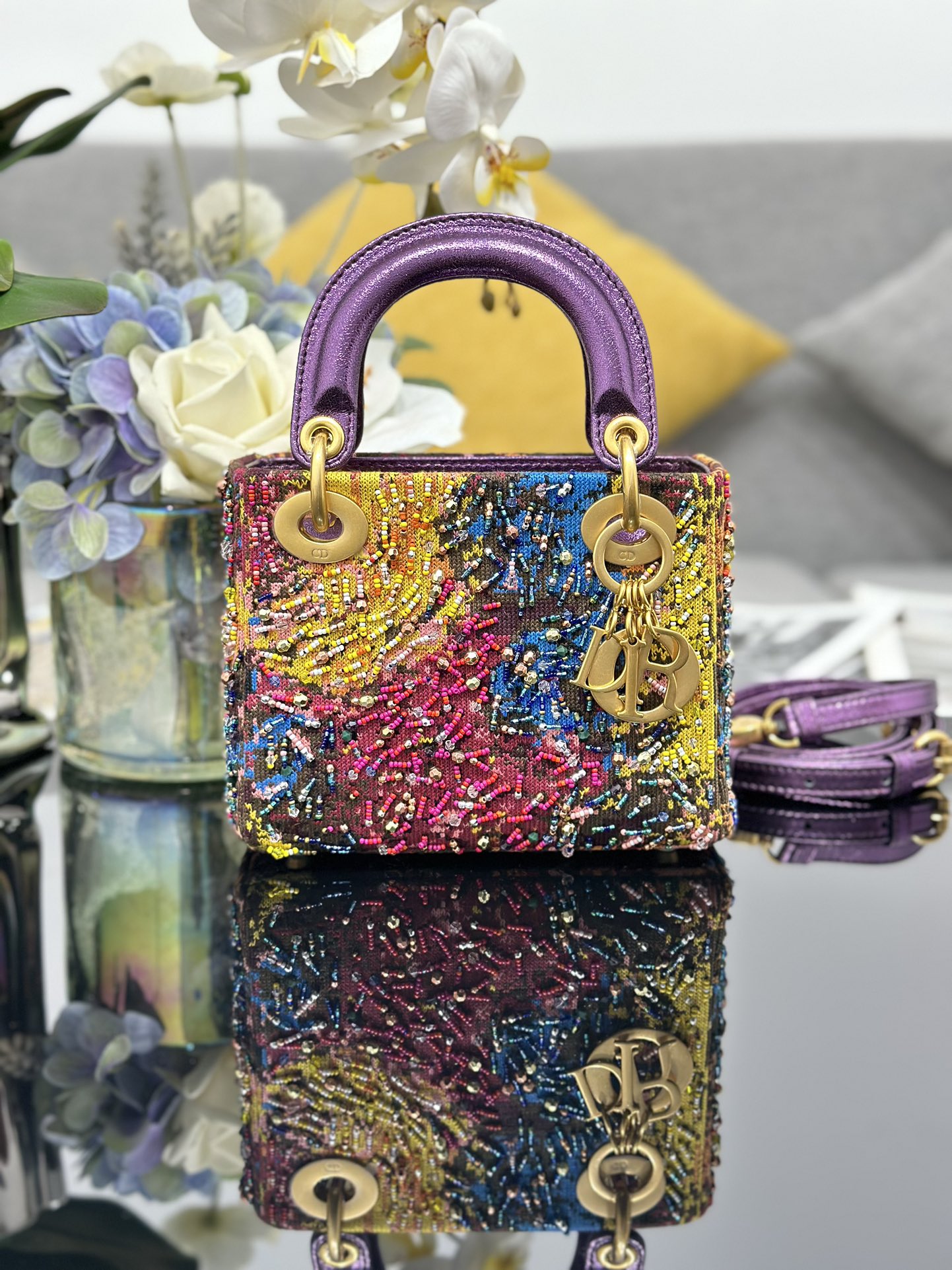 ❤️❤️Lady Dior bolso de tres compartimentos con perlas bordadas artísticas, cuero completo por dentro y por fuera, el in…