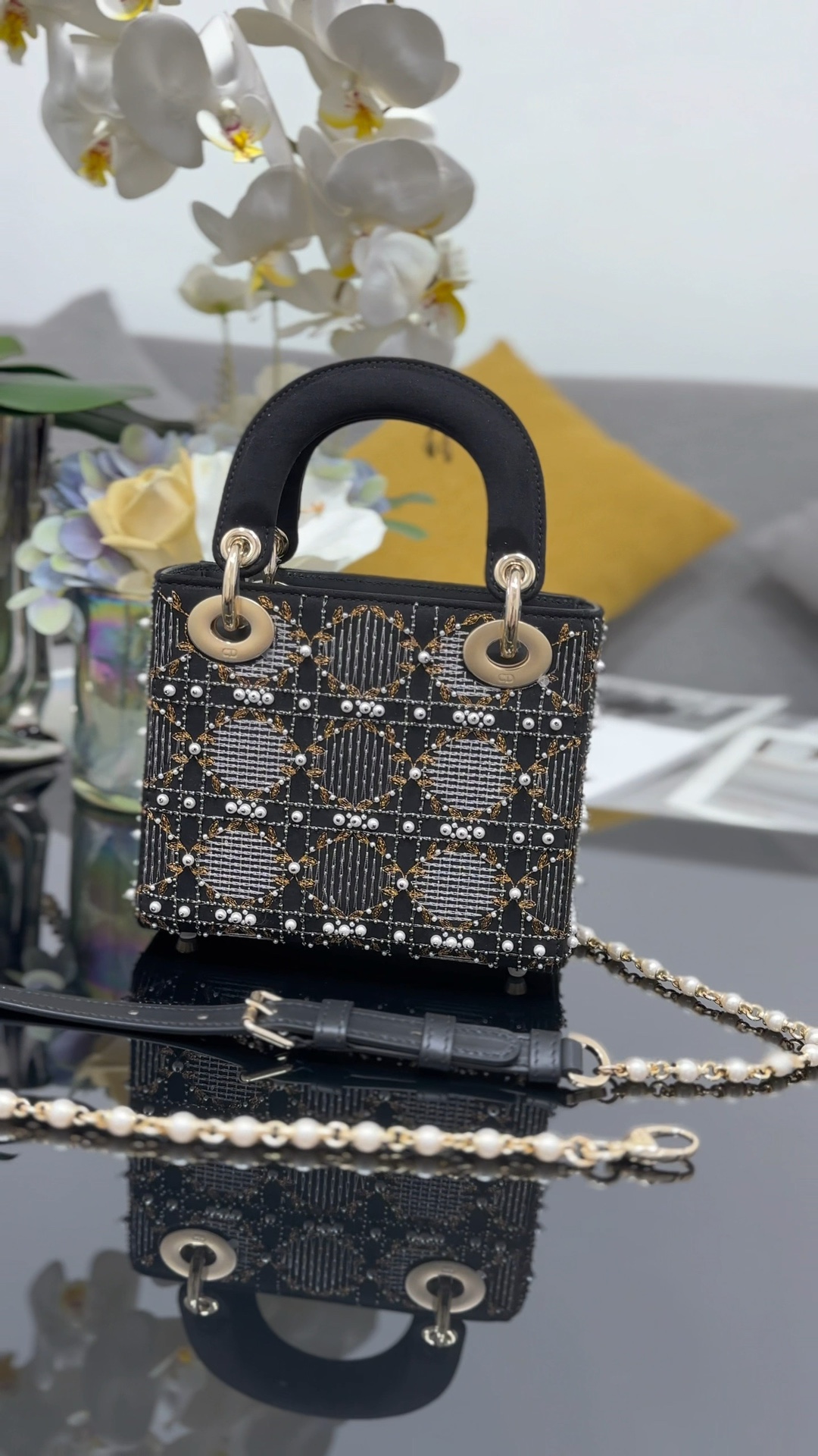 ❤️Nuevo estilo, perlas de rombos bordadas en tres marcos, combinadas con dijes de cadena de perlas