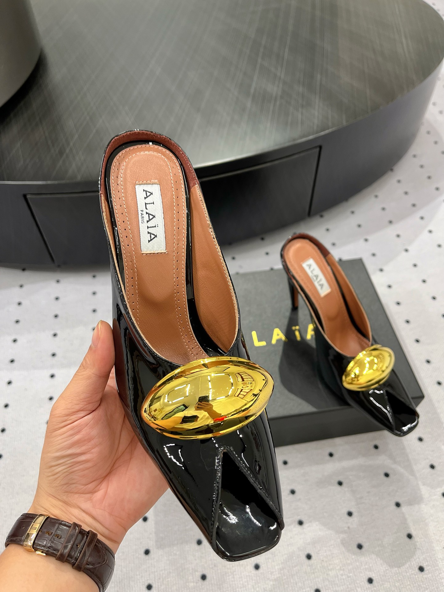 Alaïa Elegant Leather Mules with Golden Embellishment - High Heel 9 i1717061324 8918 0