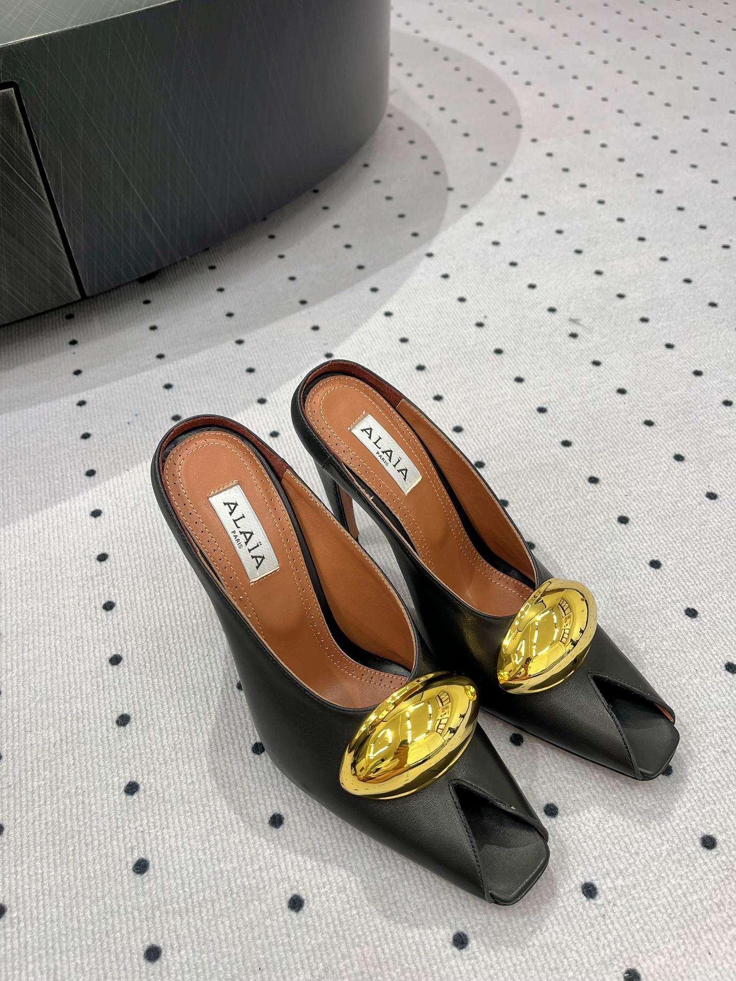 Alaïa Elegant Leather Heeled Mules with Golden Embellishment 10 i1717061355 325 0