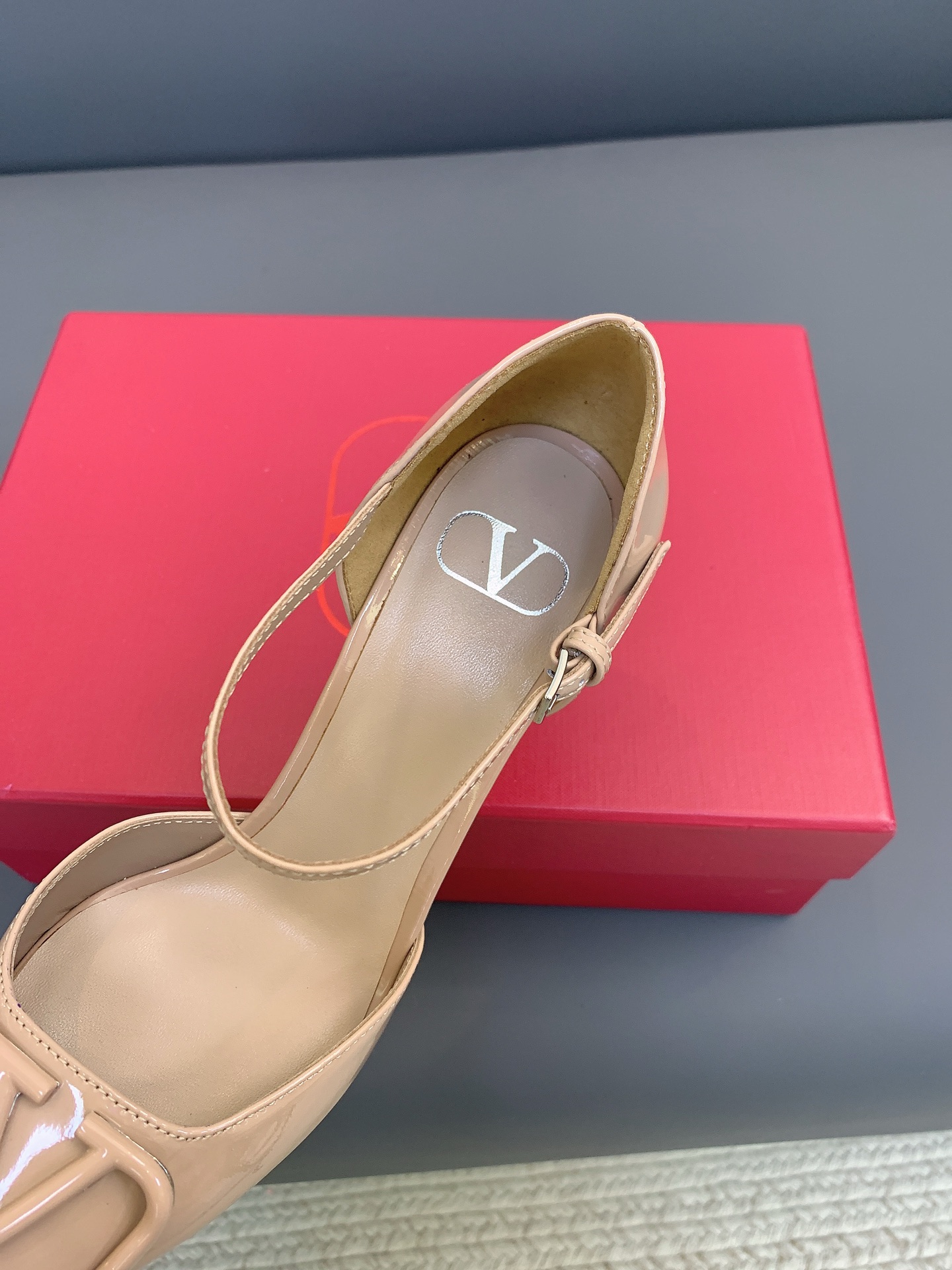 Valentino VLogo Nude Patent T-strap Heels