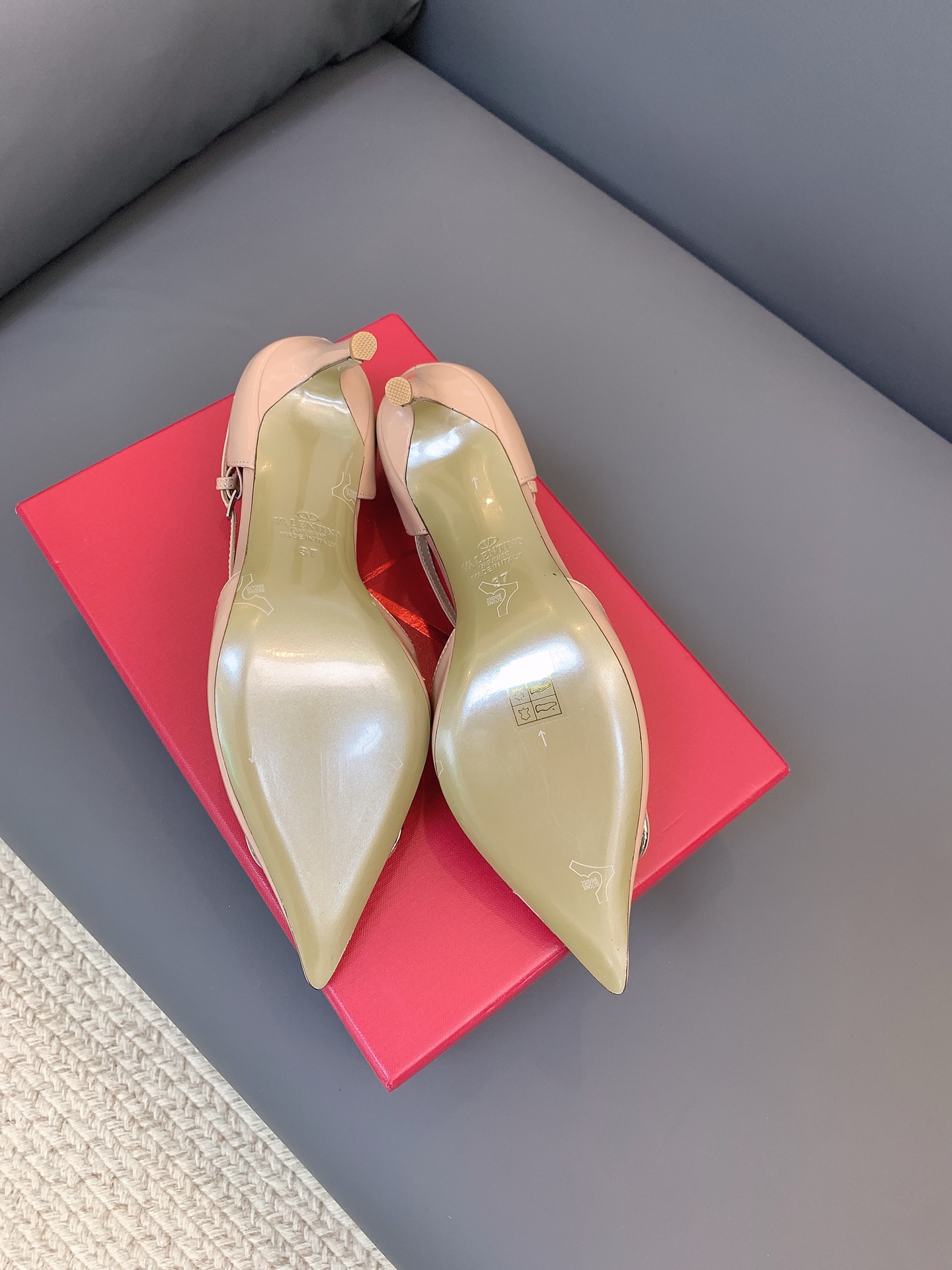 Valentino VLogo Nude Patent T-strap Heels
