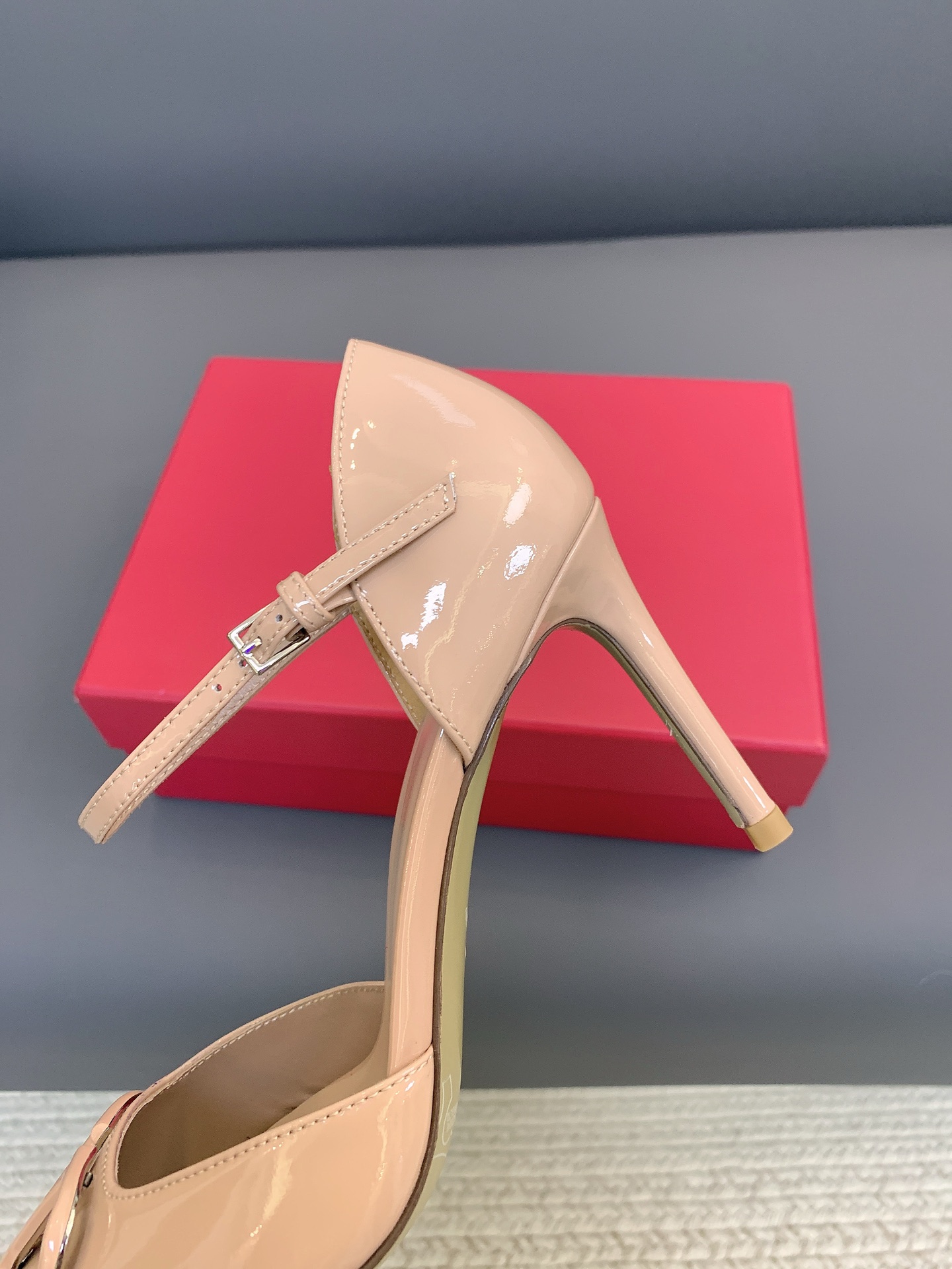 Valentino VLogo Nude Patent T-strap Heels