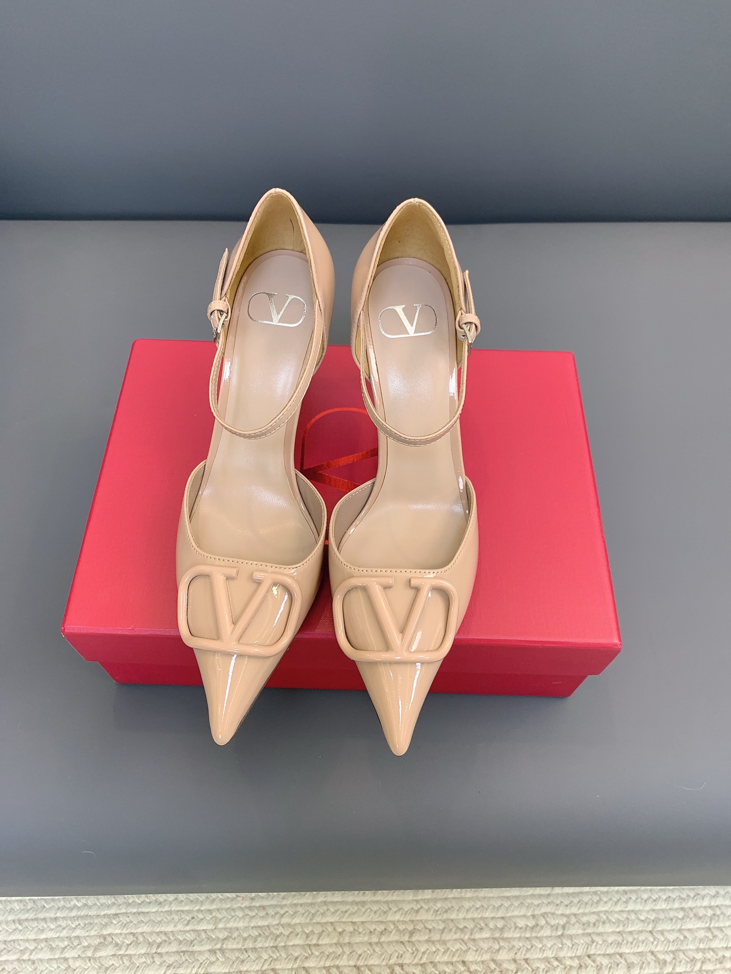 Valentino VLogo Nude Patent T-strap Heels