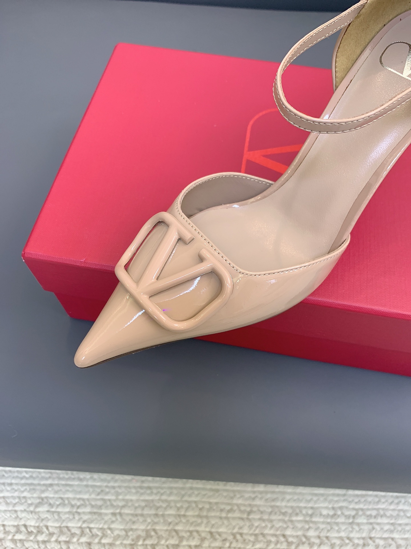 Valentino VLogo Nude Patent T-strap Heels
