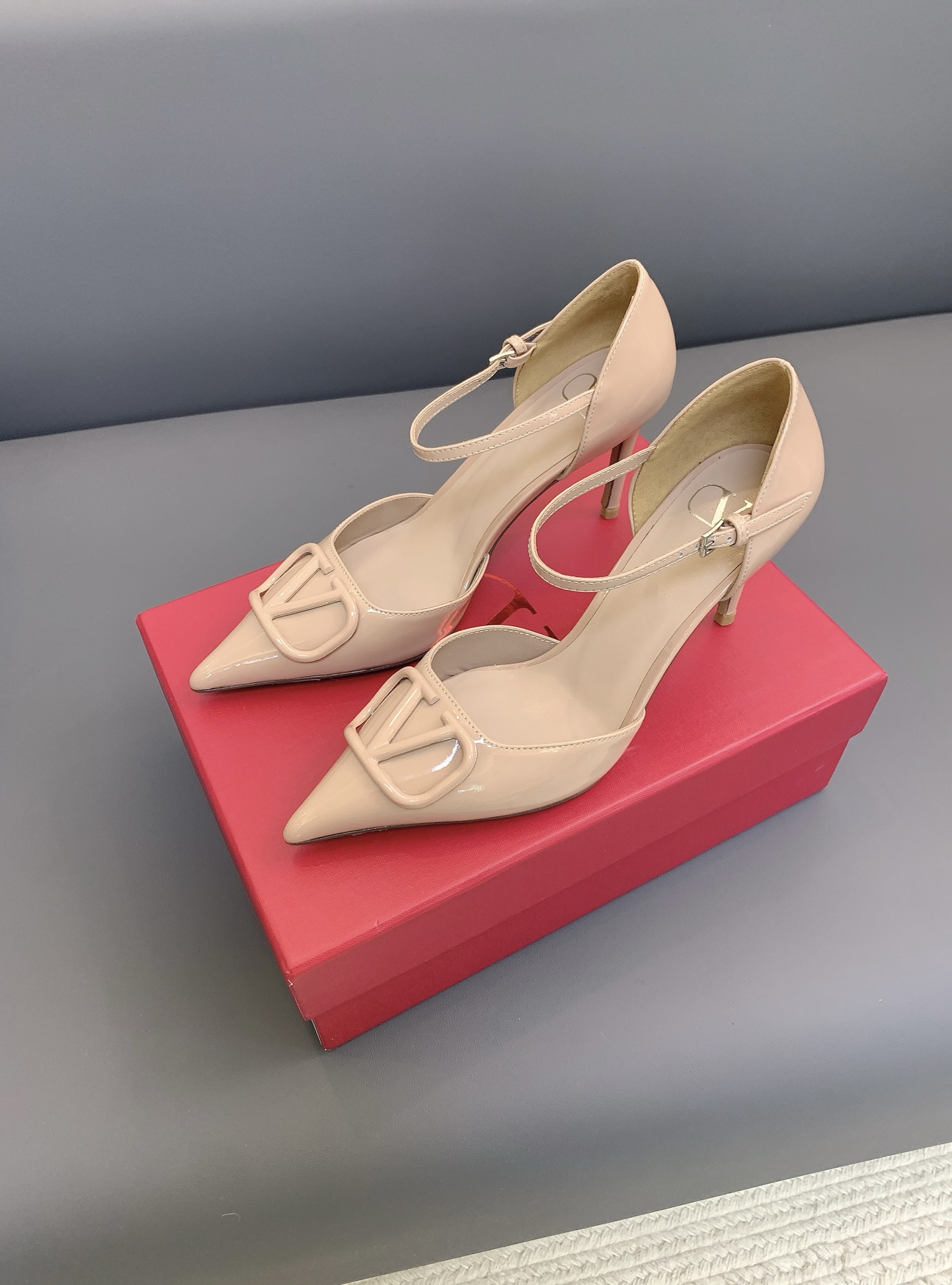 Valentino VLogo Nude Patent T-strap Heels