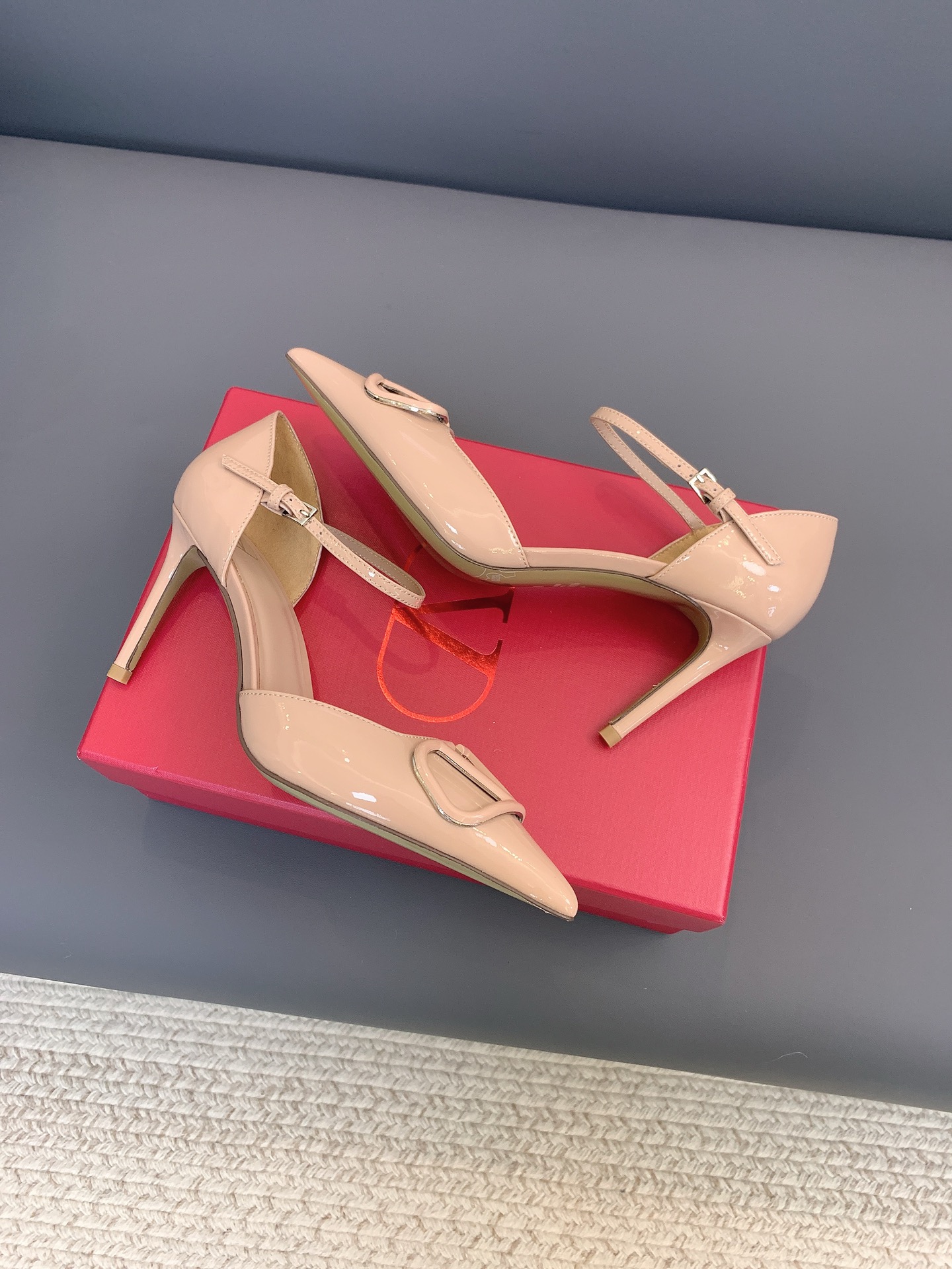 Valentino VLogo Nude Patent T-strap Heels