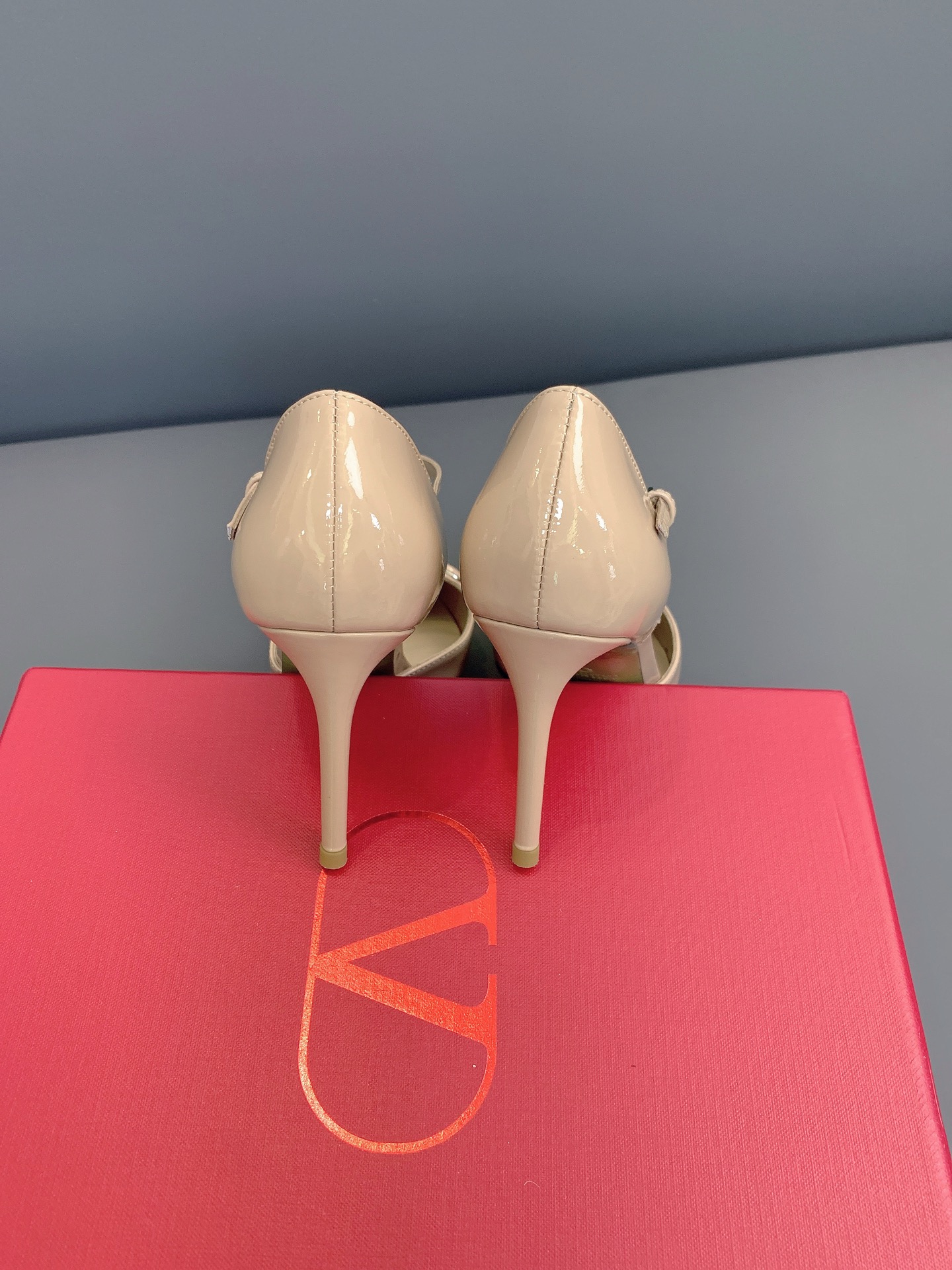 Valentino VLogo Nude Patent T-strap Heels
