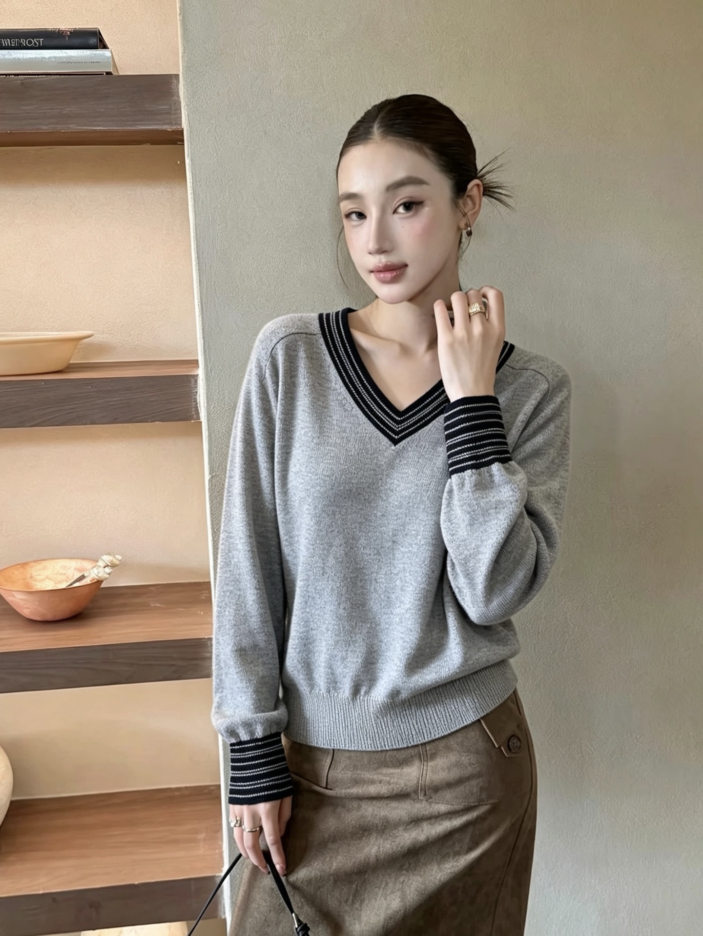 Bottega Veneta Gray V Neck Sweater