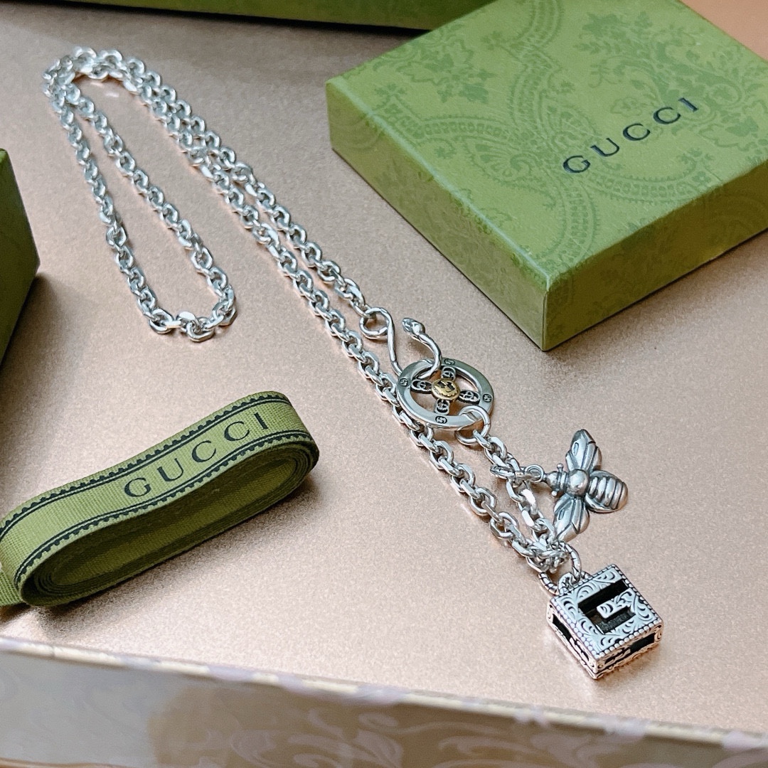 Gucci古驰项链最新款链条档次更高Anger Forest系列双G经典款绿松吊牌设计理念项链系列复古银项链 8