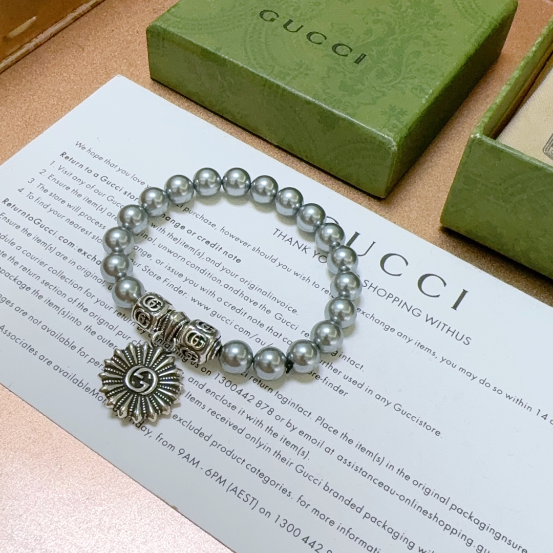 Gucci古驰手链男女同款 最新款珍珠手链档次更高Anger Forest系列双g液态金属银珍珠手链 5