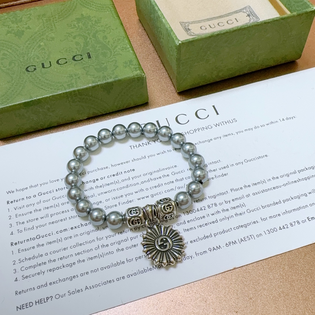 Gucci古驰手链男女同款 最新款珍珠手链档次更高Anger Forest系列双g液态金属银珍珠手链 4