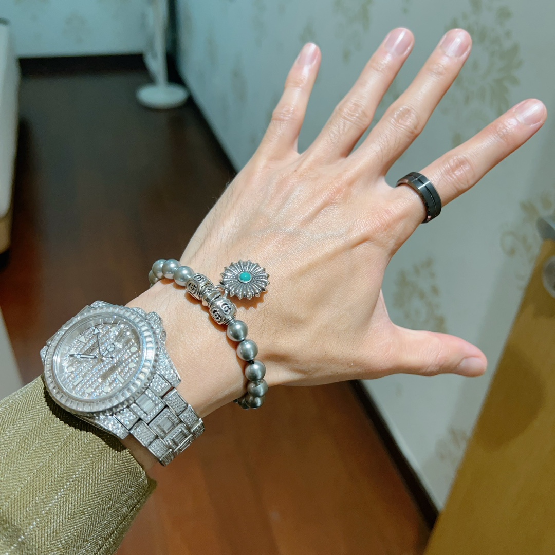 Gucci古驰手链男女同款 最新款珍珠手链档次更高Anger Forest系列双g液态金属银珍珠手链 2