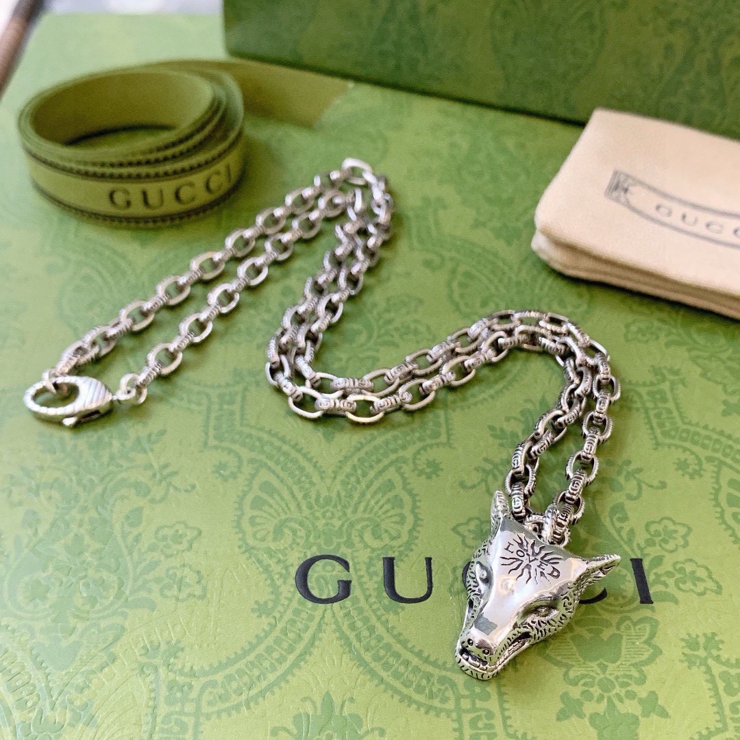 Gucci古驰项链2024最新款链条档次更高Anger Forest系列双G古驰狼头项链 2
