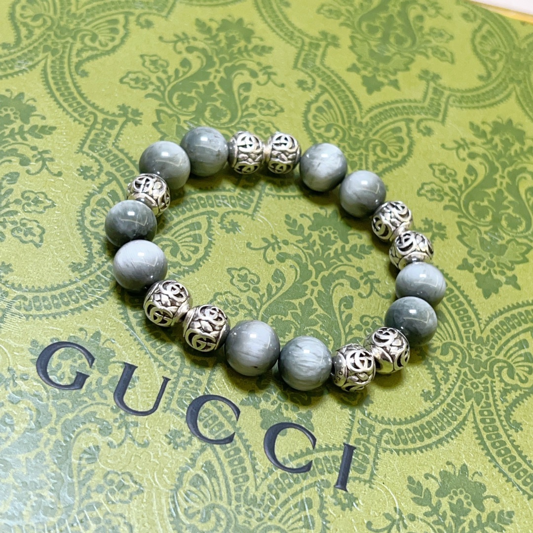 Gucci古驰手链男女同款 最新款天然灰晶石手链档次更高Anger Forest系列双g灰晶石手链 高贵天然石,支持验石 6