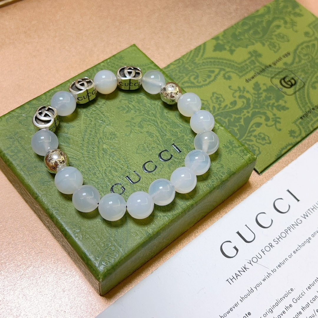 Gucci古驰手链男女同款 最新款天然白玛瑙手链档次更高Anger Forest系列双g白玛瑙水晶手链 5