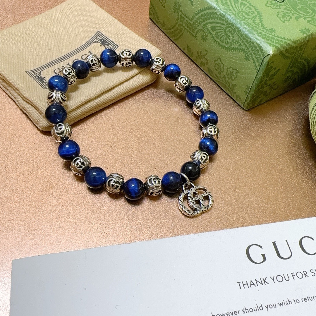 Gucci古驰手链男女同款 最新款天然蓝虎眼手链档次更高Anger Forest系列双g蓝虎眼石手链 3