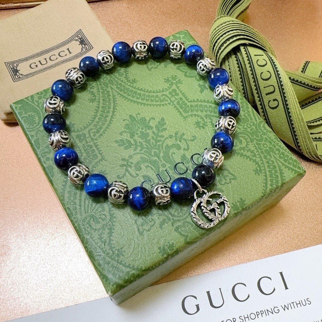 Gucci古驰手链男女同款 最新款天然蓝虎眼手链档次更高Anger Forest系列双g蓝虎眼石手链 5