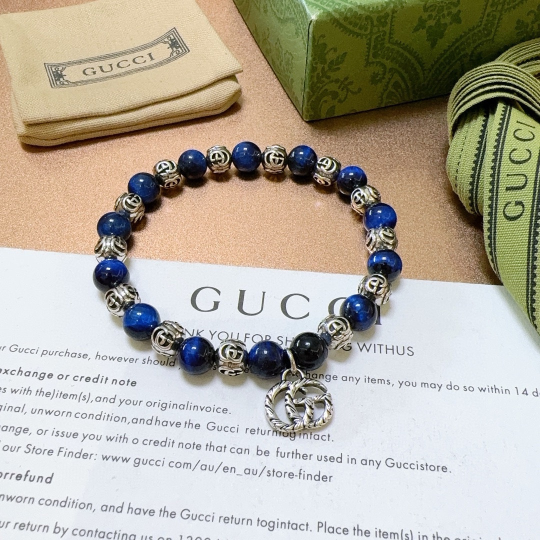 Gucci古驰手链男女同款 最新款天然蓝虎眼手链档次更高Anger Forest系列双g蓝虎眼石手链 6