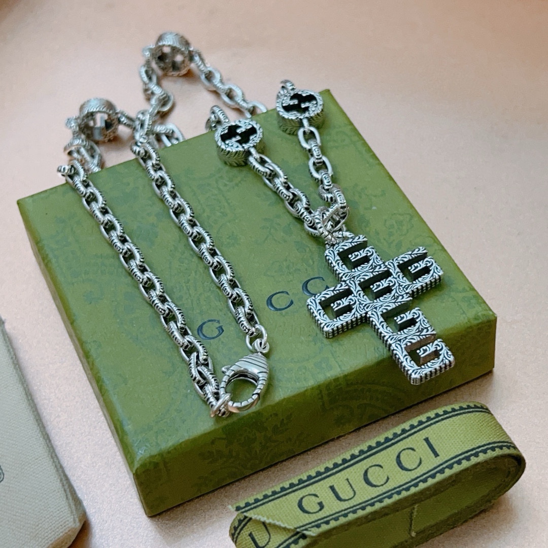 Gucci古驰项链最新款项链链条档次更高Anger Forest系列双G经典款吊牌项链系列复古银项链 7